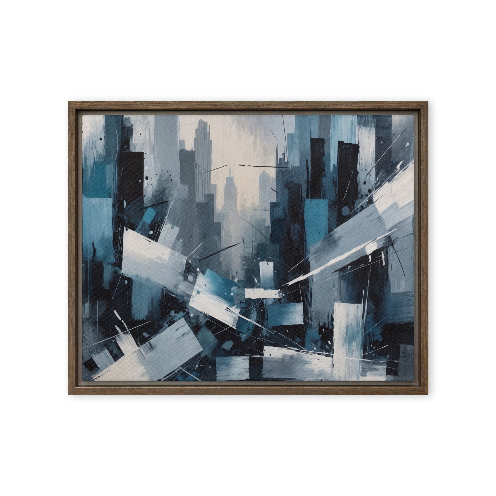 Zephyr wall art product image as a framed canvas skyline in brown frame, 12 x 18 inch universal size