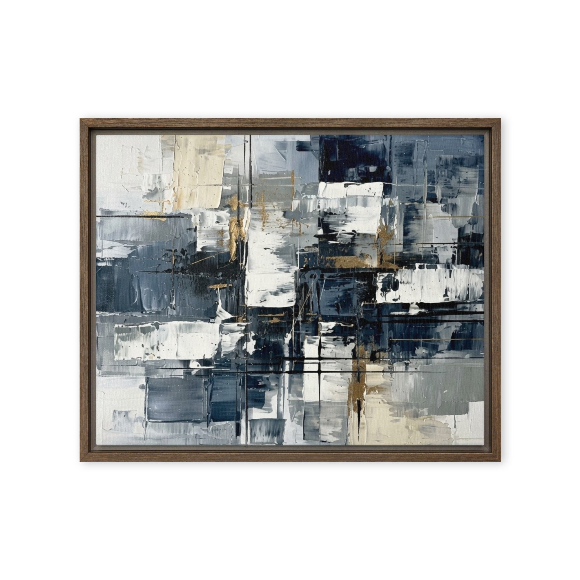 Calamity framed canvas urban shown in front view in brown frame, 12 x 18 inch universal size