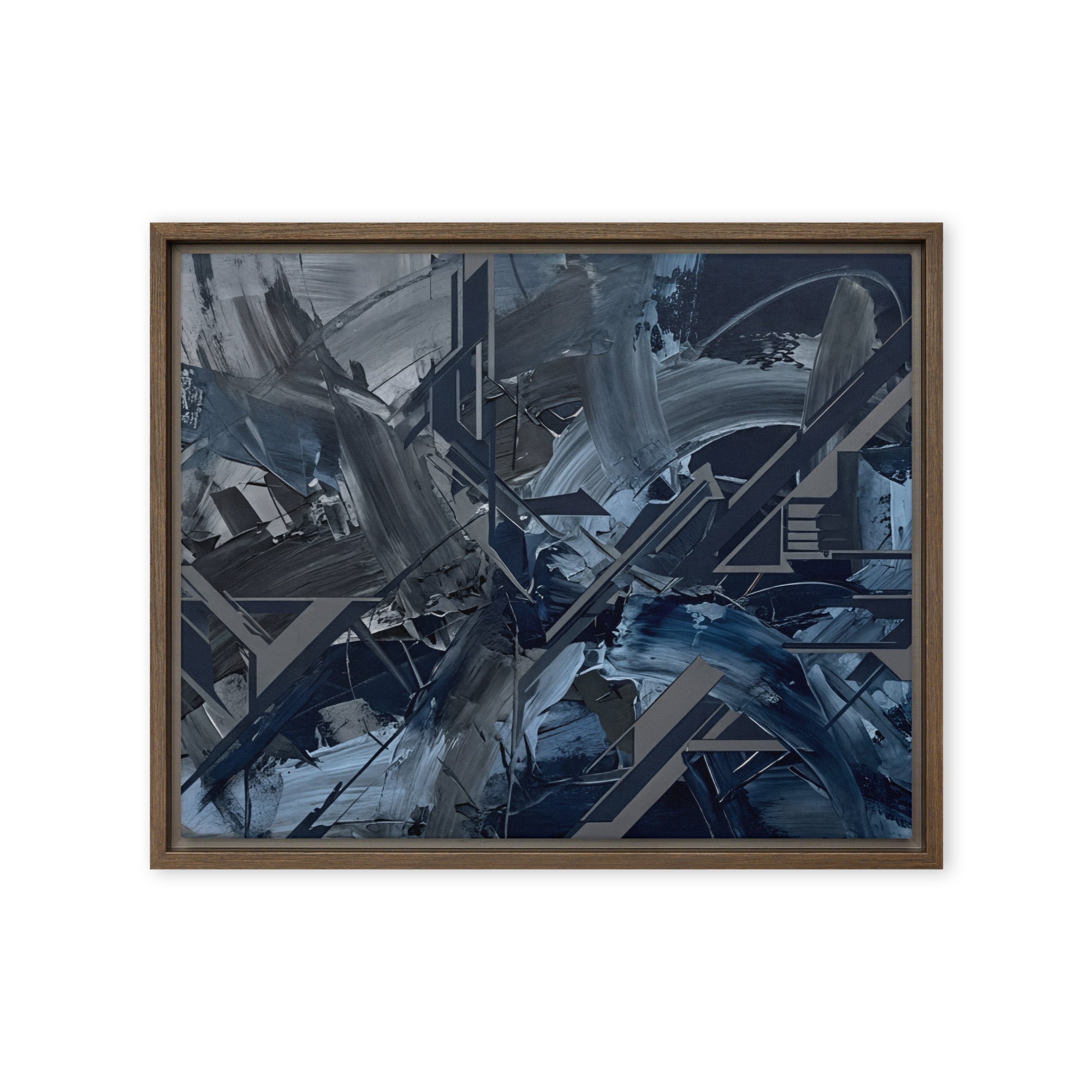 Torrent framed canvas urban product mockup in brown frame, 16 x 20 inch universal size