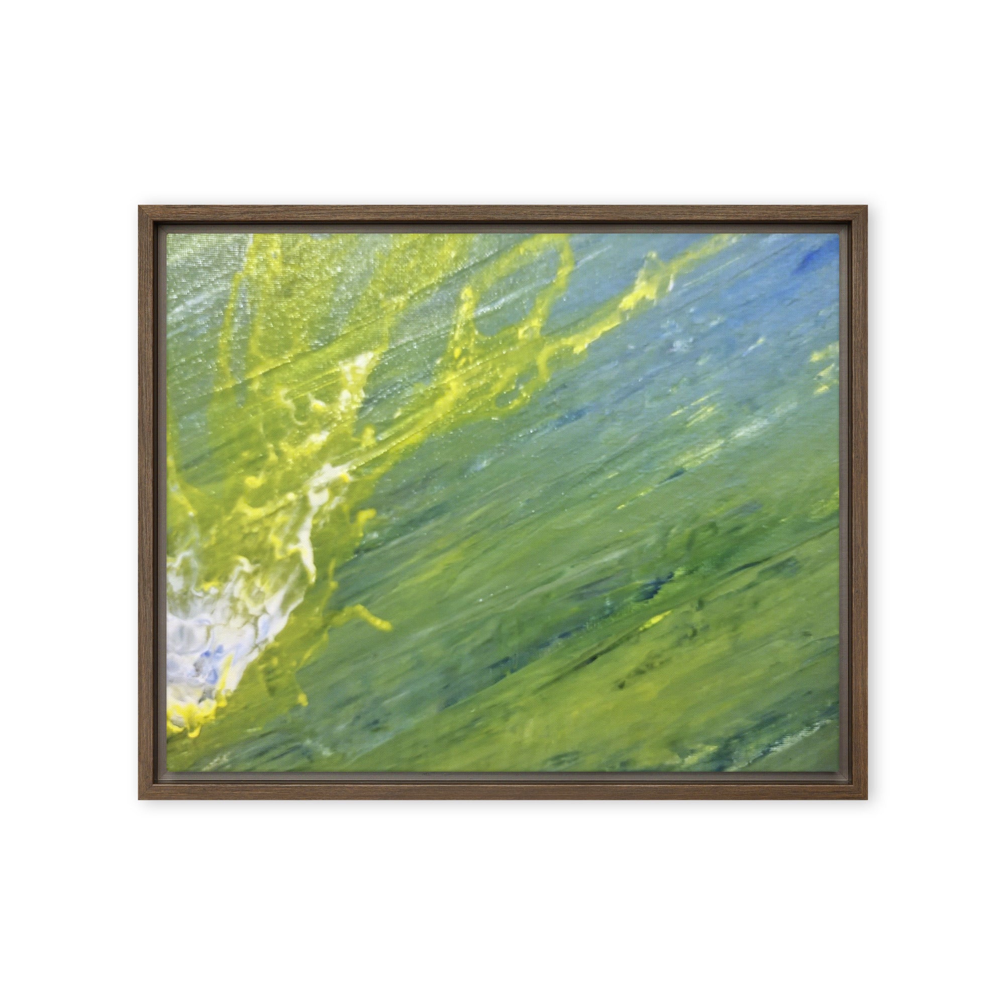 Charged Waters framed canvas print with product details shown in black frame, 24 x 36 inch statement piece