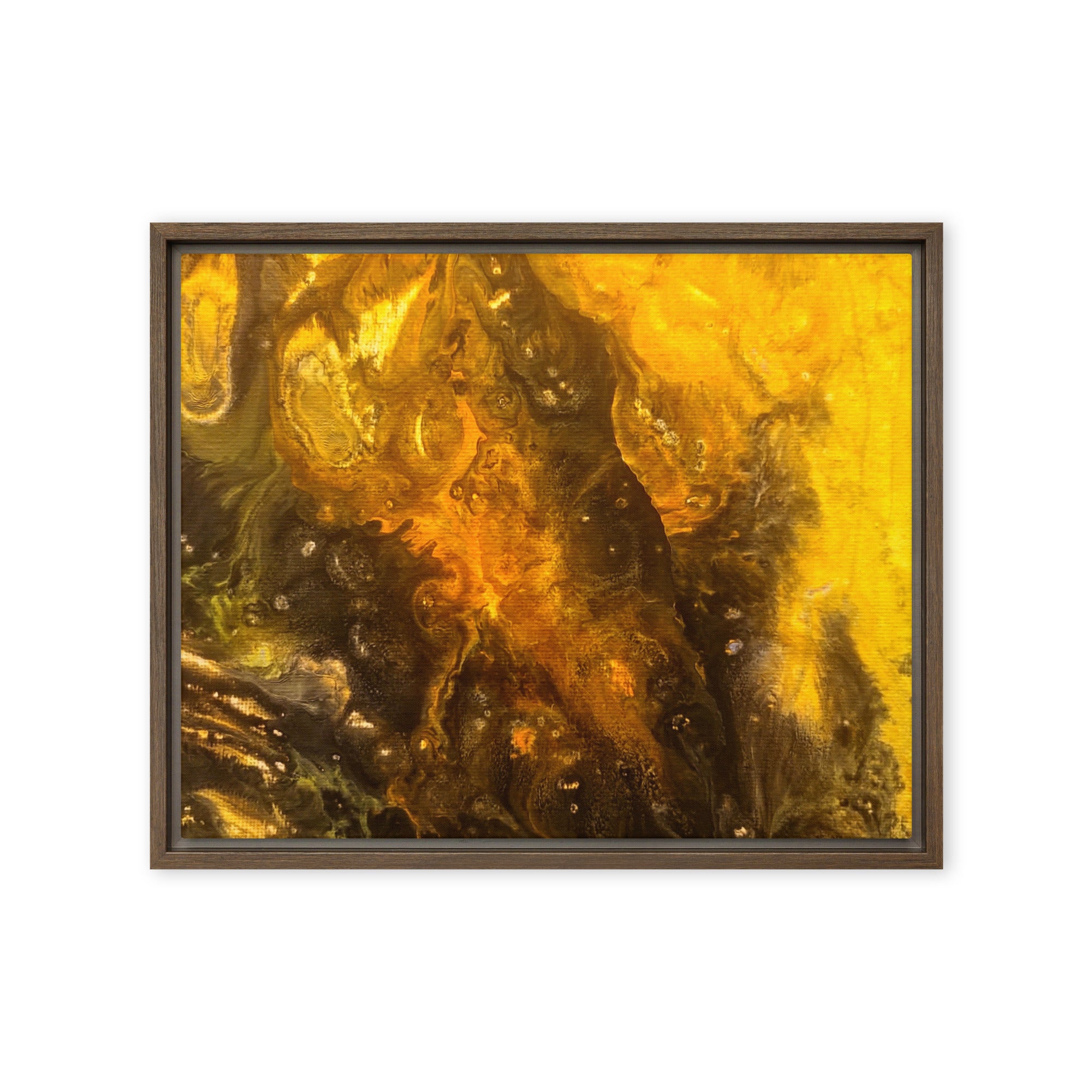 Flame framed canvas print front-facing product image in brown frame, 20 x 28 inch large size