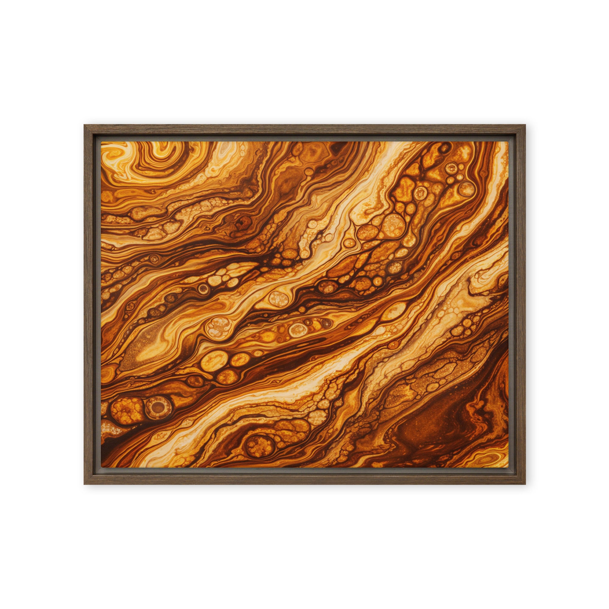 Molten Cells framed canvas print with product details shown in brown frame, 18 x 24 inch large size