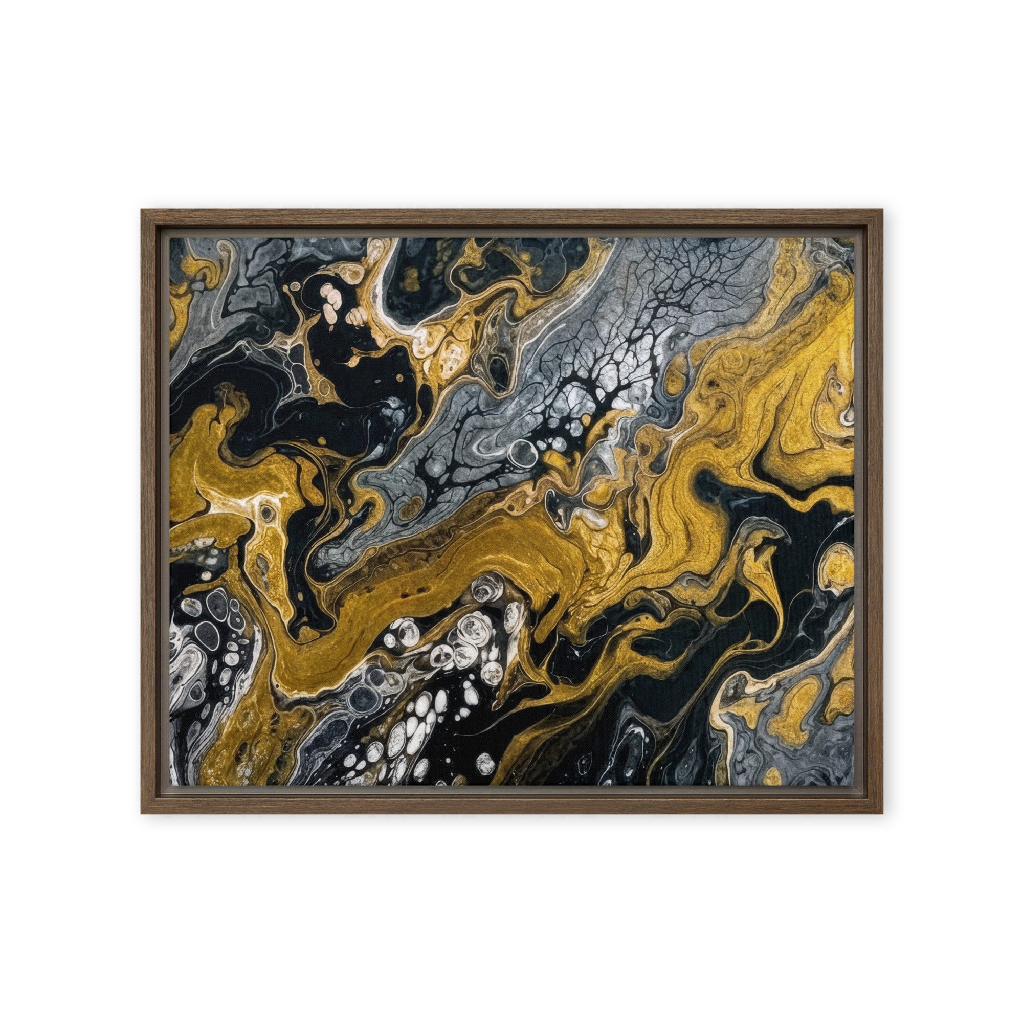 Aurum framed canvas print shown in front view in brown frame, 16 x 20 inch universal size