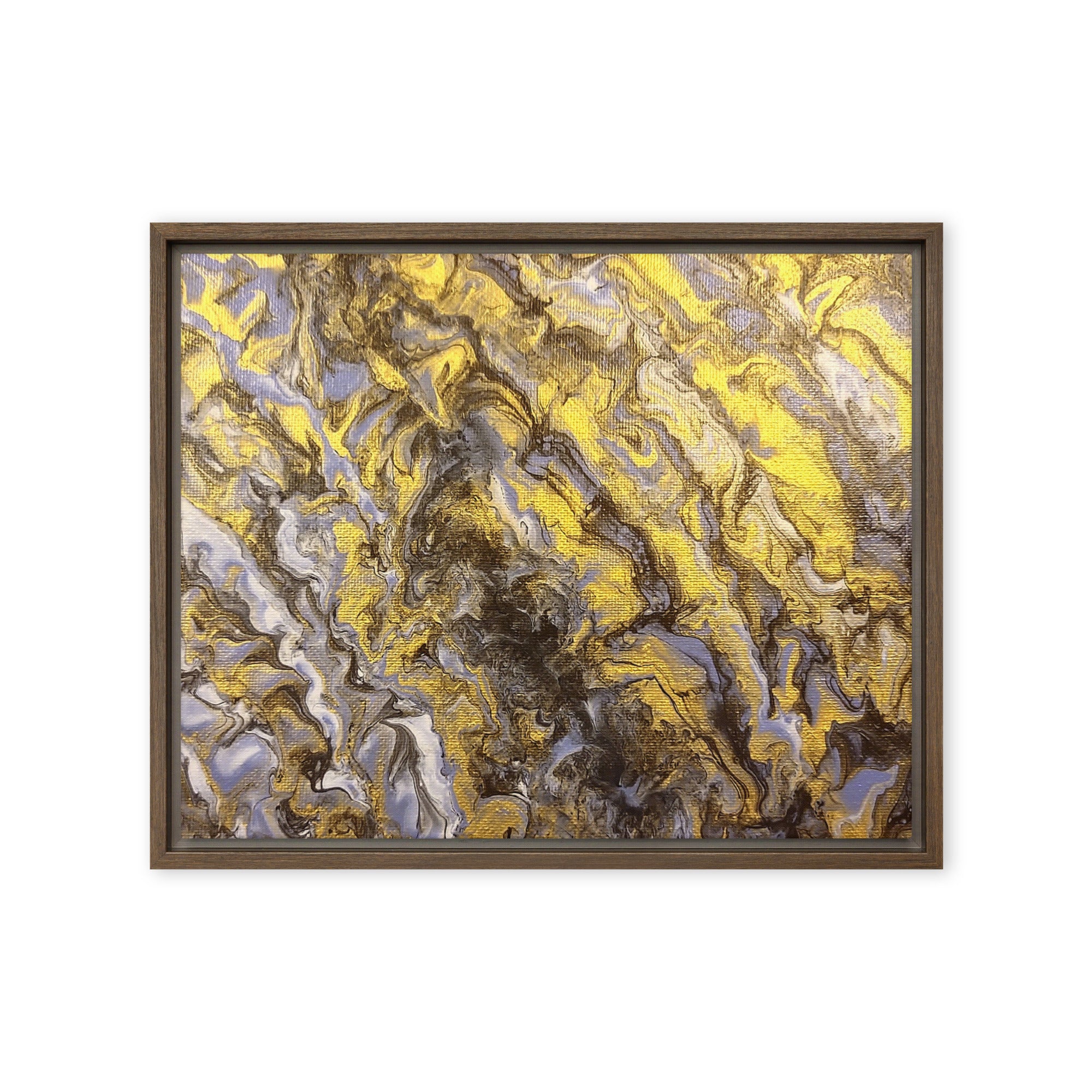 Gold Wave framed canvas print shown in front view in brown frame, 20 x 28 inch large size