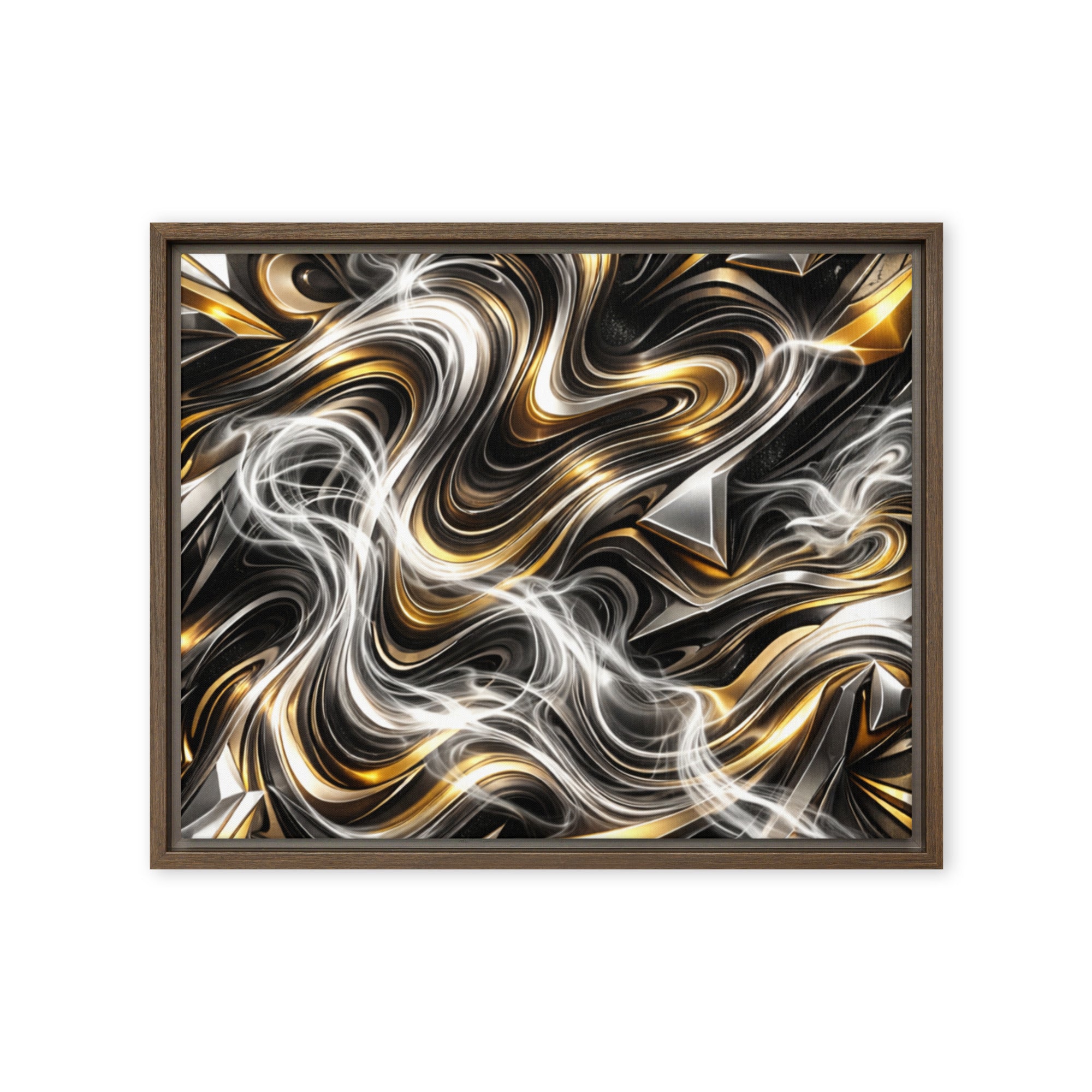 Ouro wall art product image as a framed canvas print in brown frame, 16 x 16 inch universal size