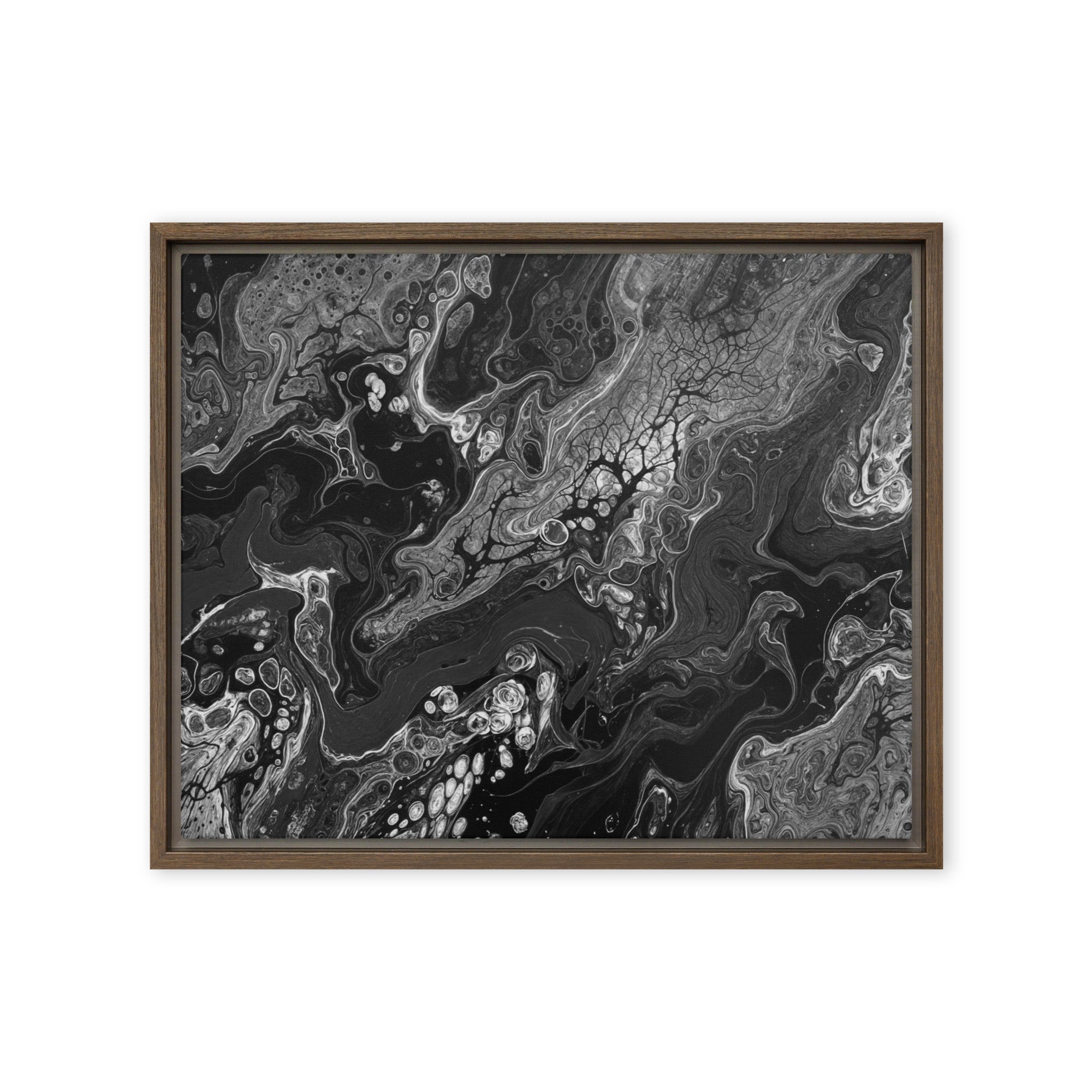 Dark Matter framed canvas print wall display image in brown frame, 20 x 30 inch large size
