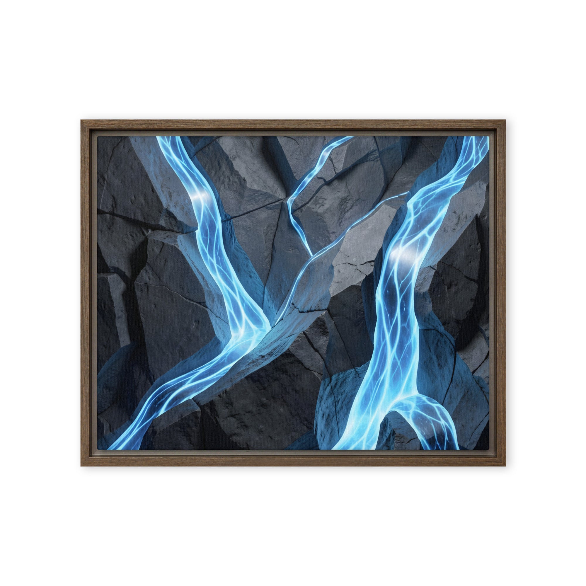 Tephra framed canvas print product mockup in brown frame, 24 x 32 inch large size