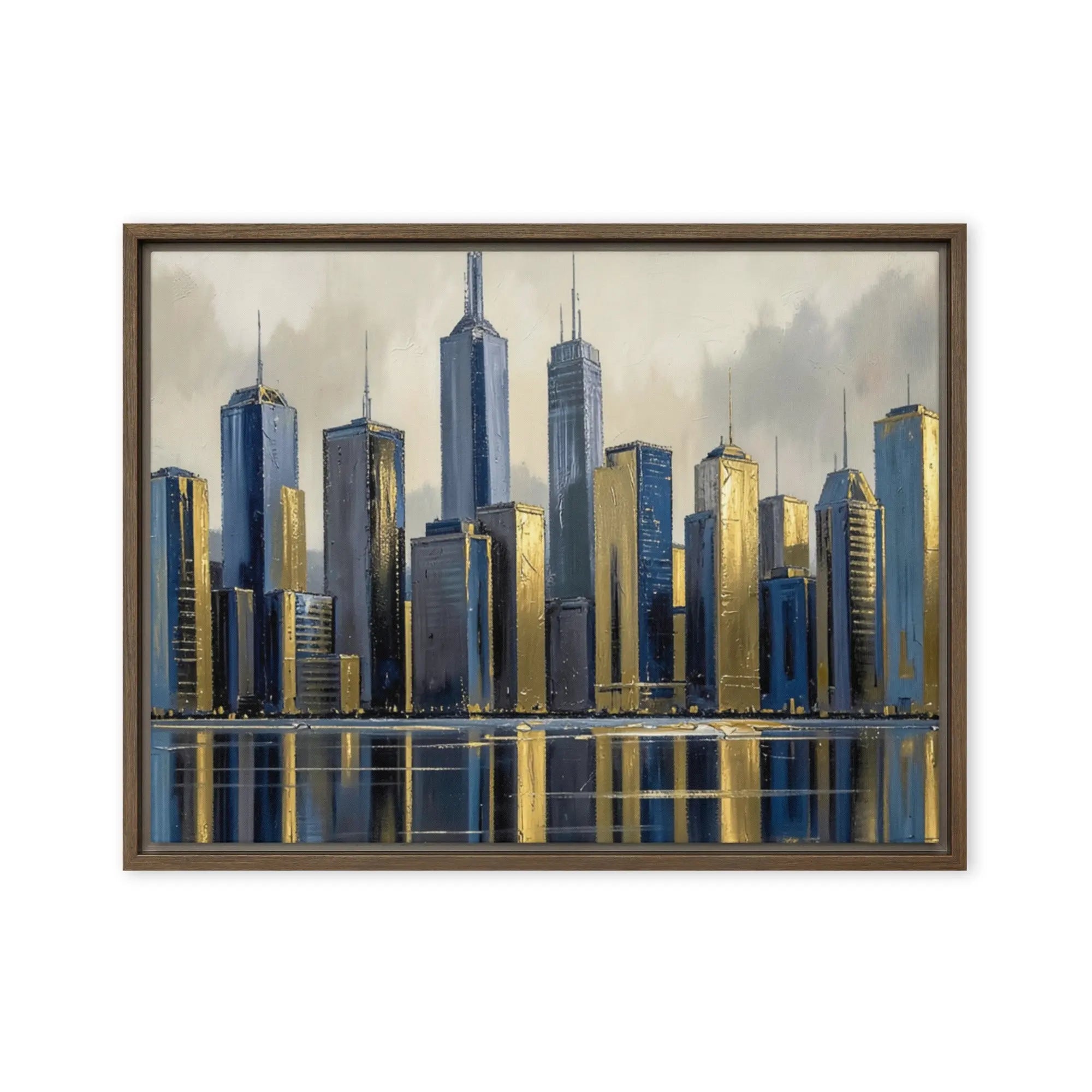 Lumina framed canvas skyline shown in front view in brown frame, 20 x 30 inch large size