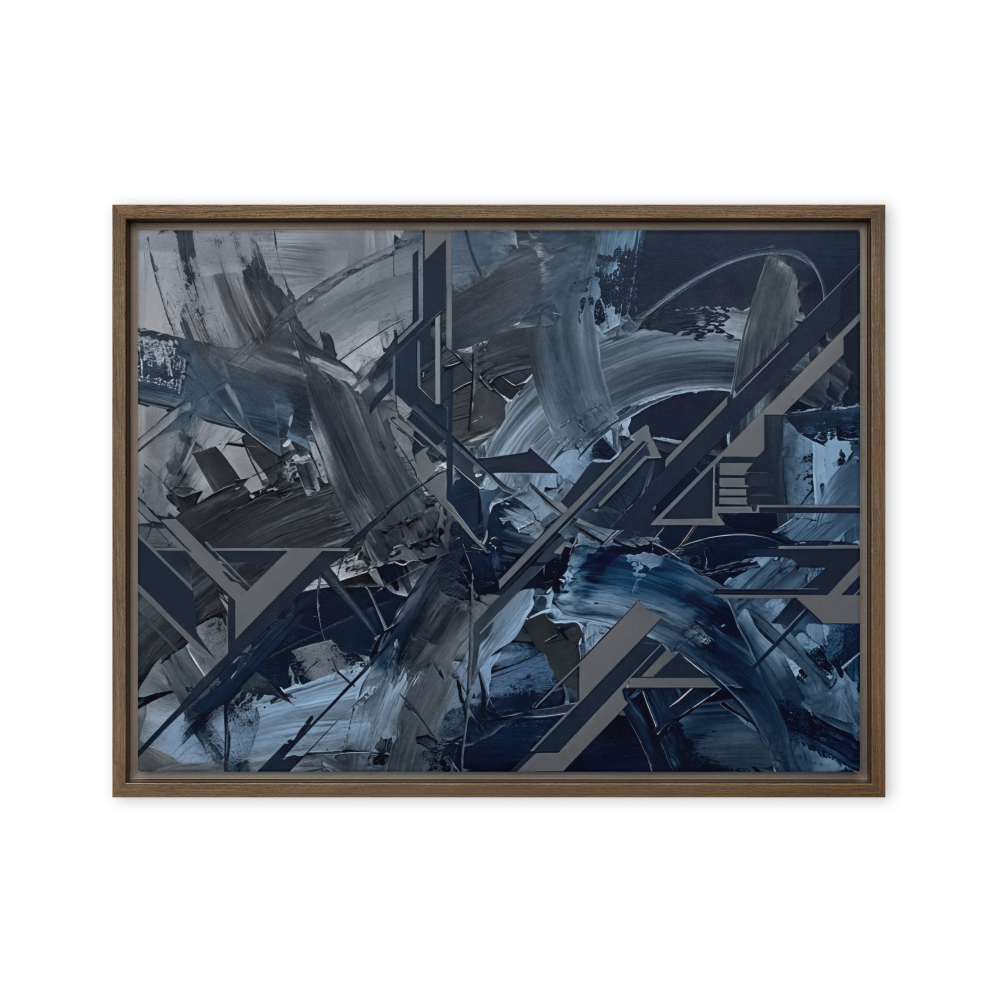 Torrent framed canvas urban with product details shown in brown frame, 20 x 30 inch large size
