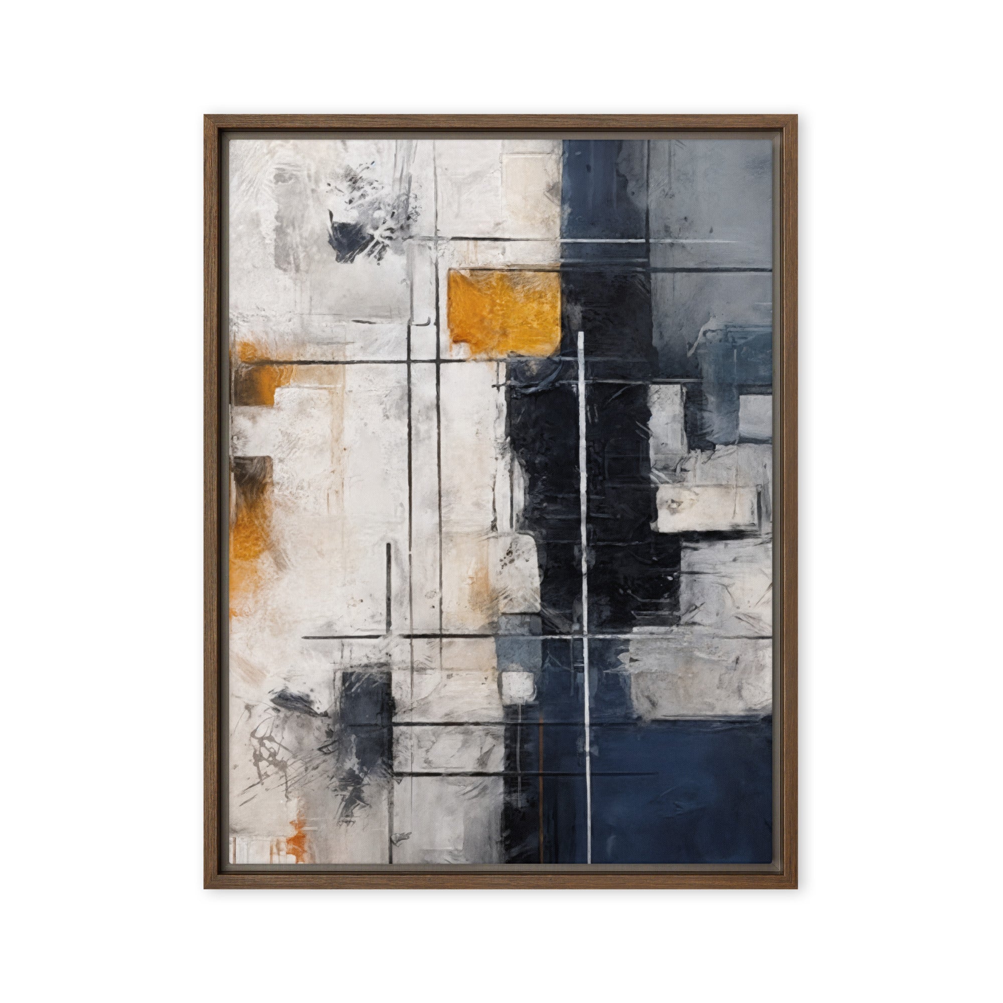 Chasm framed canvas urban product mockup in brown frame, 12 x 18 inch universal size