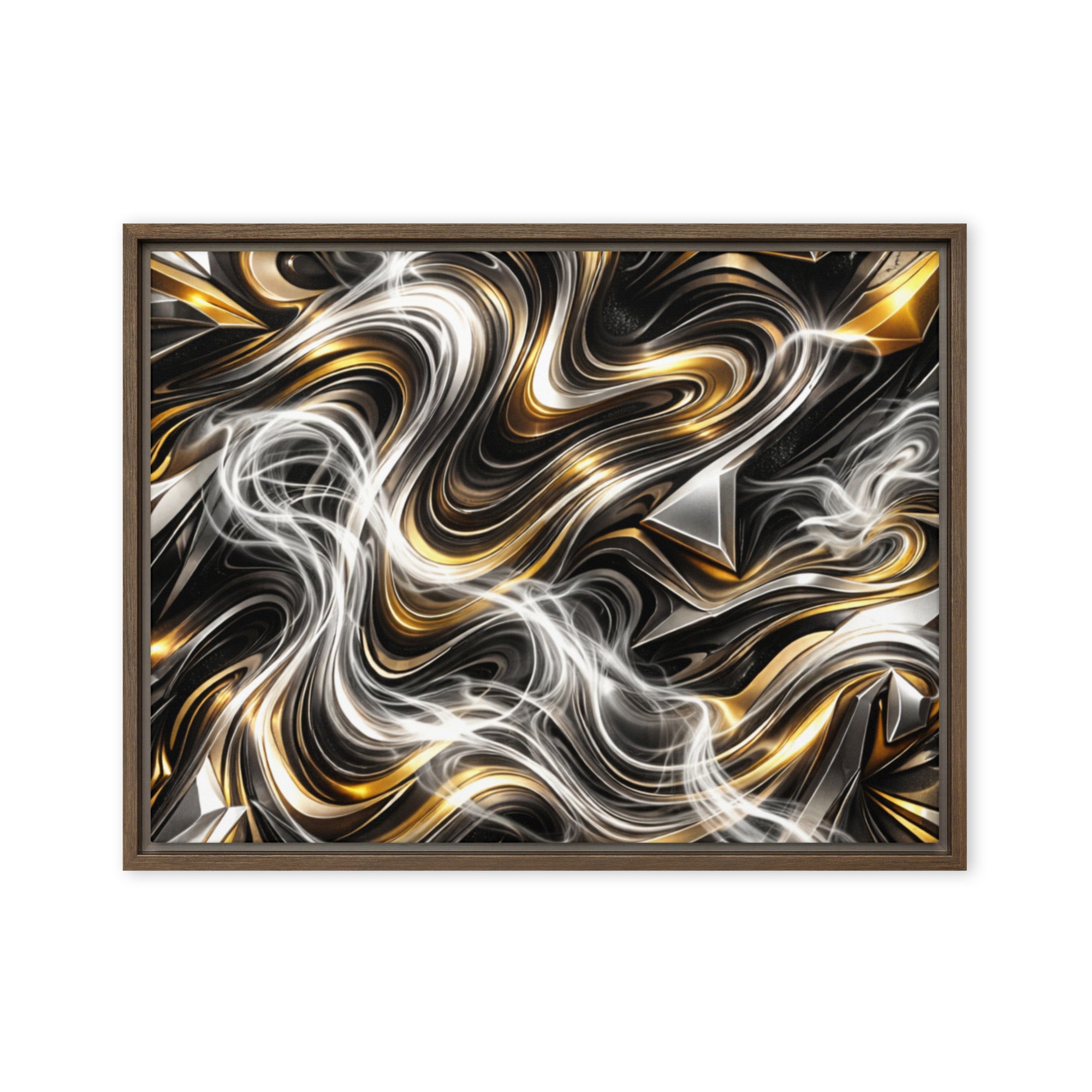 Ouro framed canvas print product mockup in brown frame, 20 x 28 inch large size