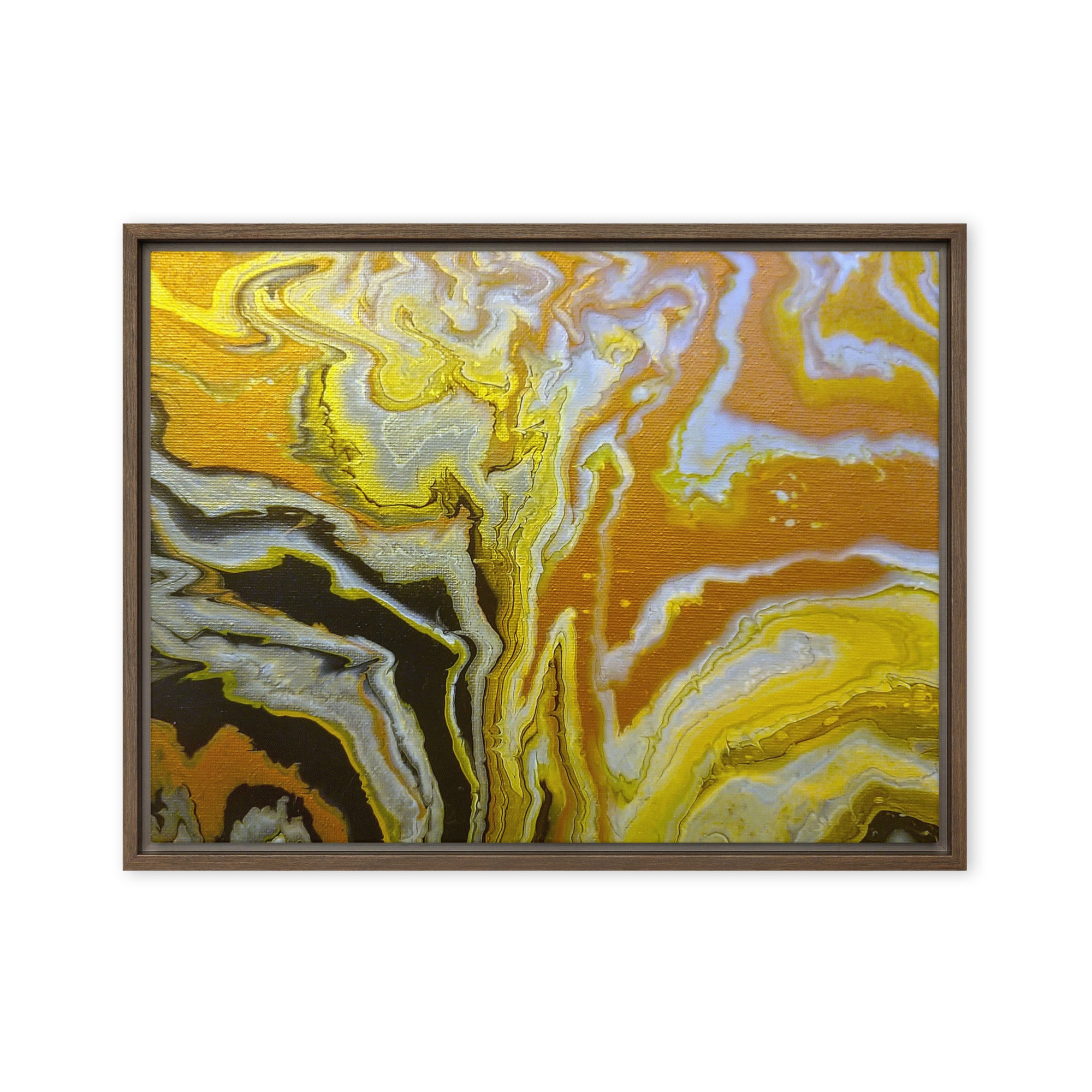 Golden Surge framed canvas print product view in brown frame, 24 x 36 inch statement piece