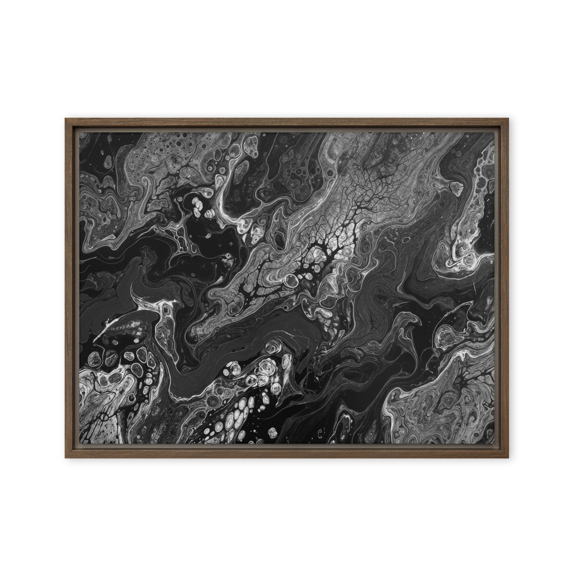 Dark Matter framed canvas print product view in brown frame, 24 x 36 inch statement piece