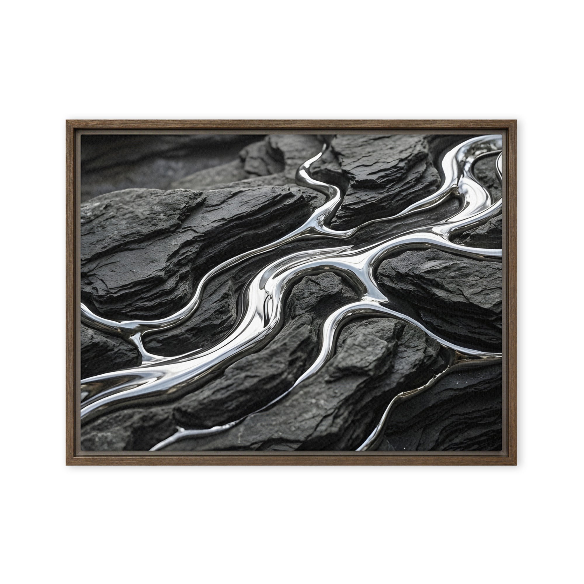 Basalt framed canvas print with product details shown in brown frame, 20 x 30 inch large size