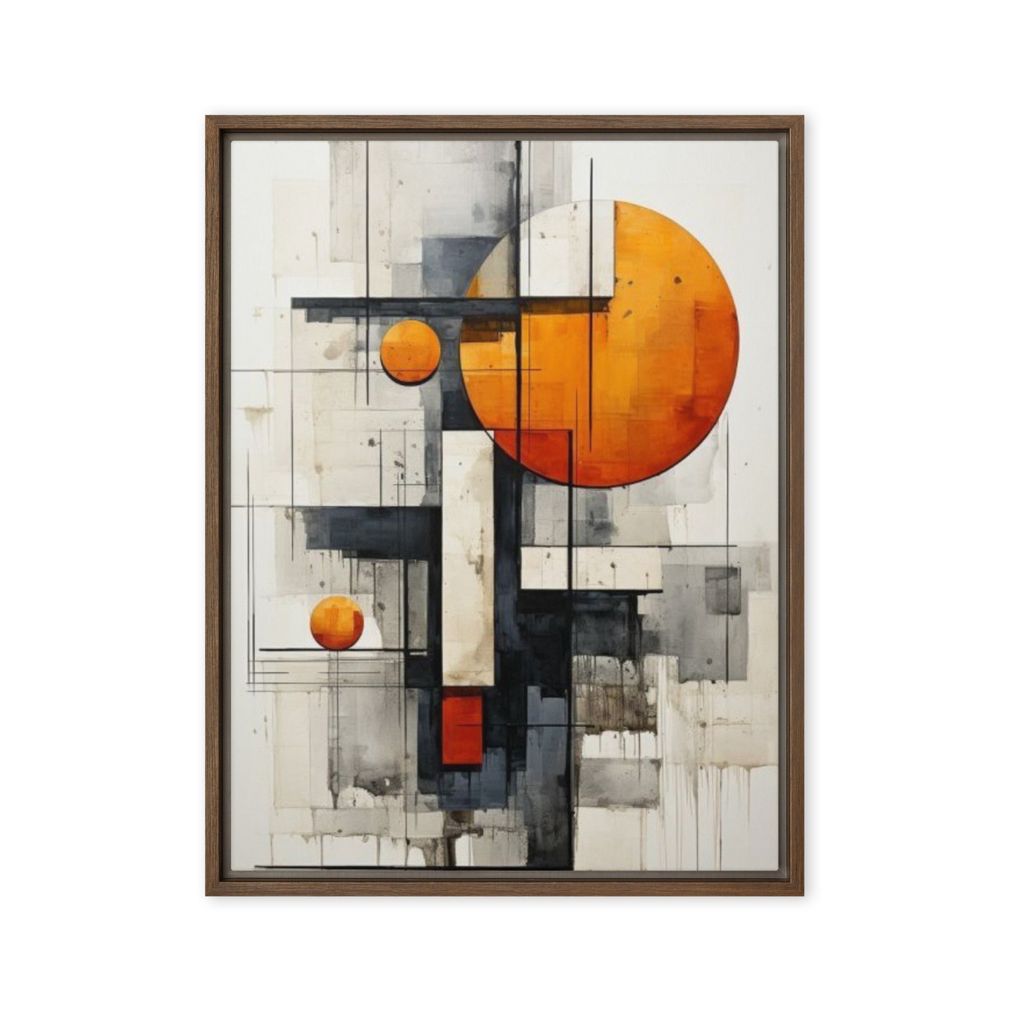 Grille framed canvas print with product details shown in brown frame, 18 x 24 inch large size