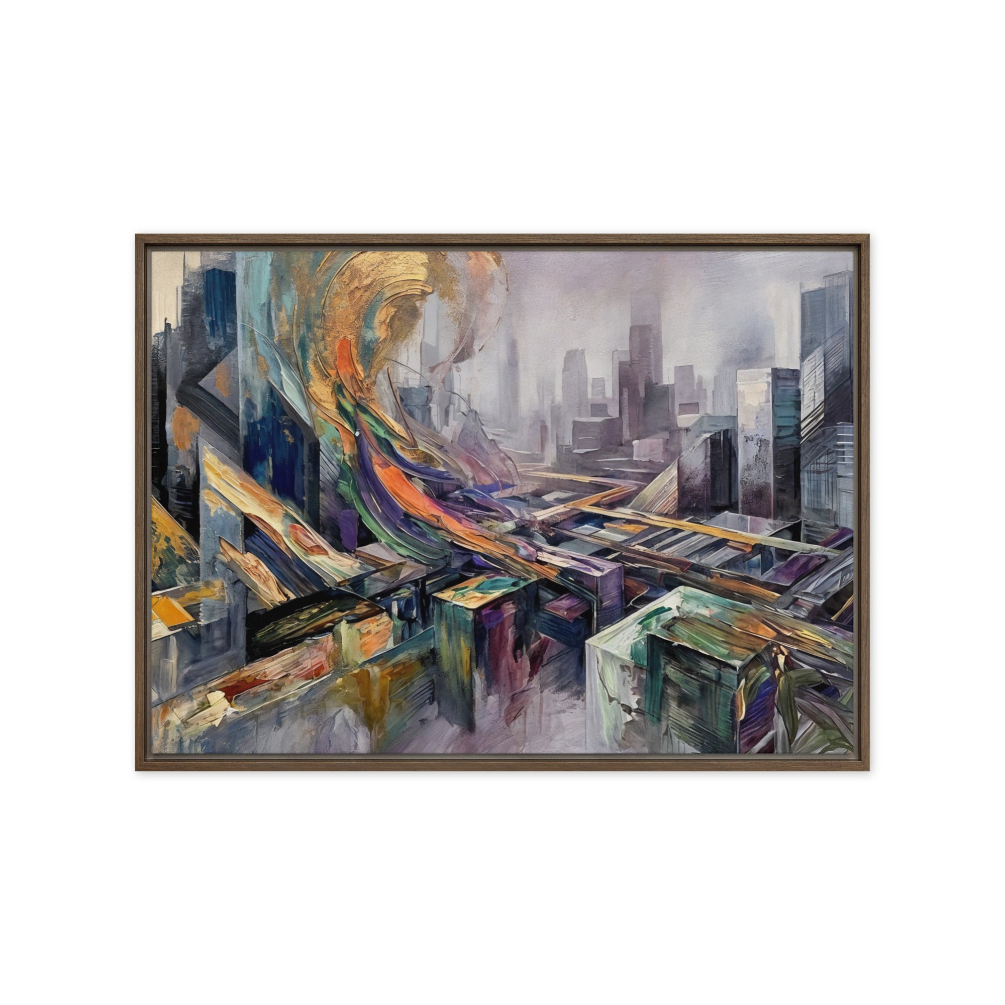 Attitude framed canvas skyline product mockup in brown frame, 12 x 18 inch universal size