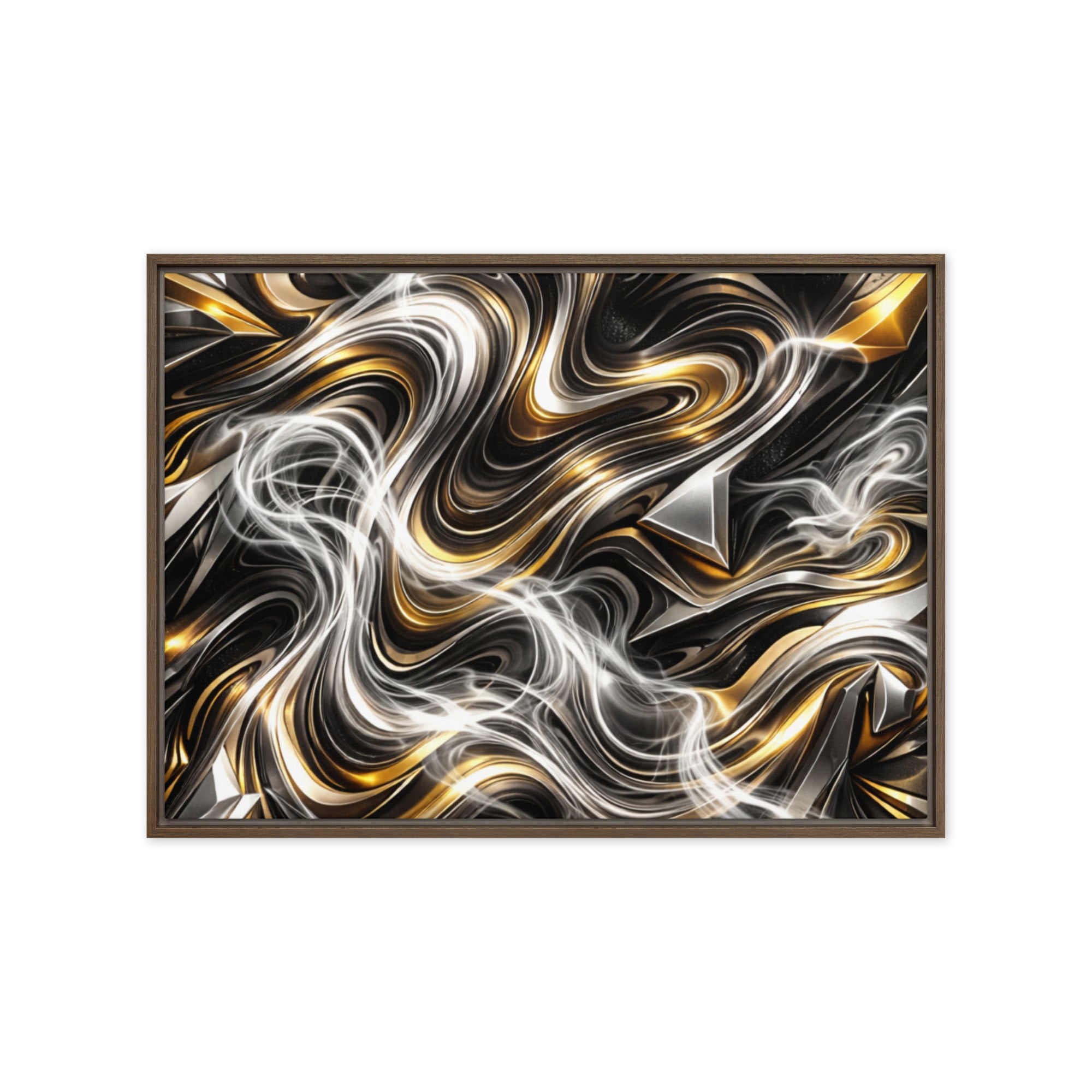 Ouro framed canvas print with product details shown in brown frame, 24 x 36 inch statement piece