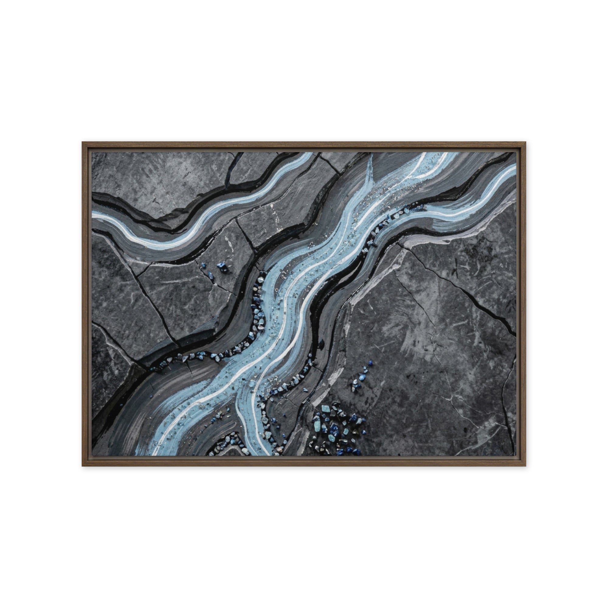 Viscosity framed canvas print shown in front view in white frame, 12 x 16 inch universal size