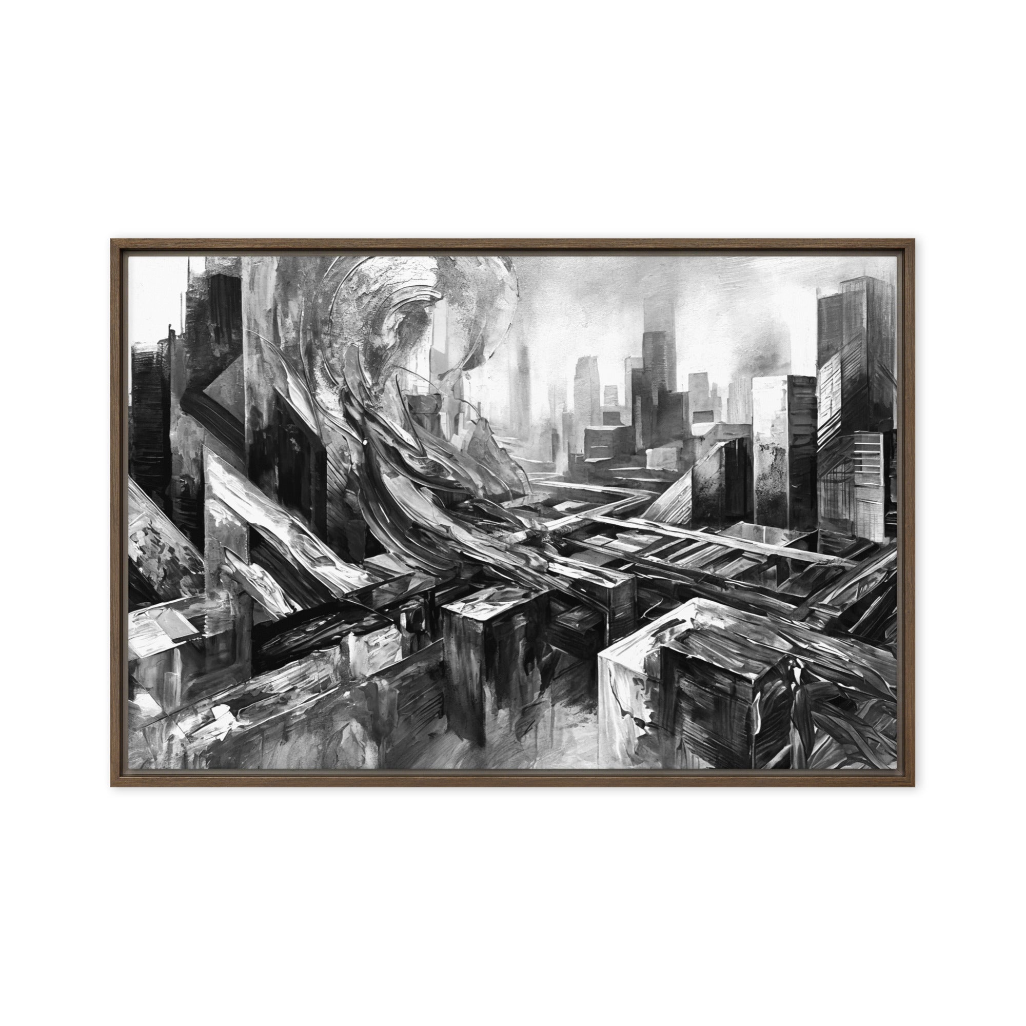 Attitudes framed canvas skyline wall art mb canvas shown in front view in white frame, 20 x 30 inch large size