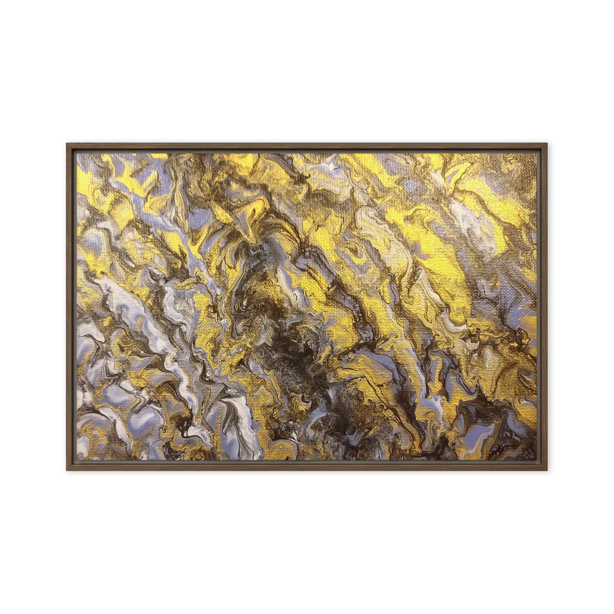 Gold Wave framed canvas print, front view in white frame, 16 x 16 inch universal size