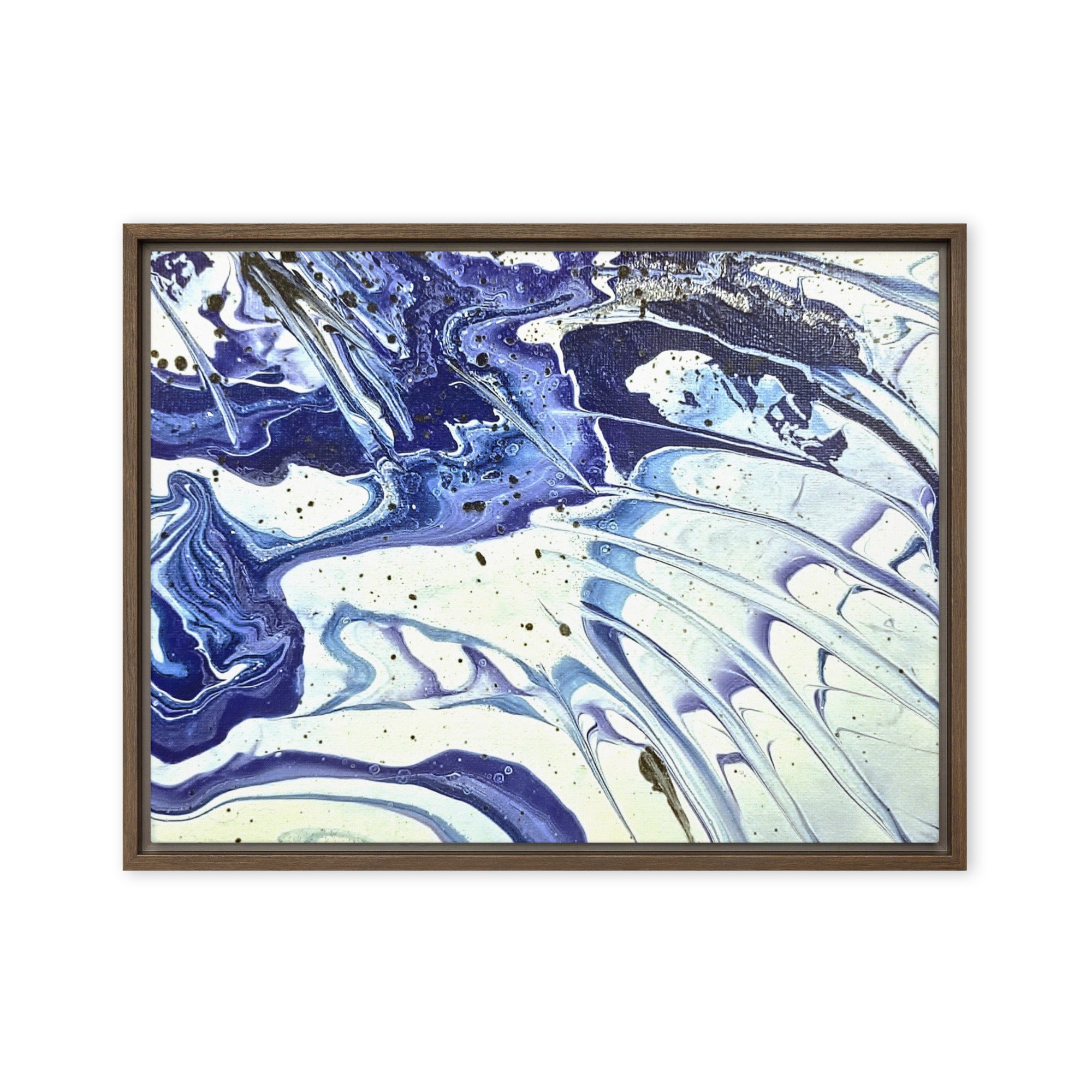 Cobalt framed canvas print product mockup in white frame, 18 x 24 inch large size