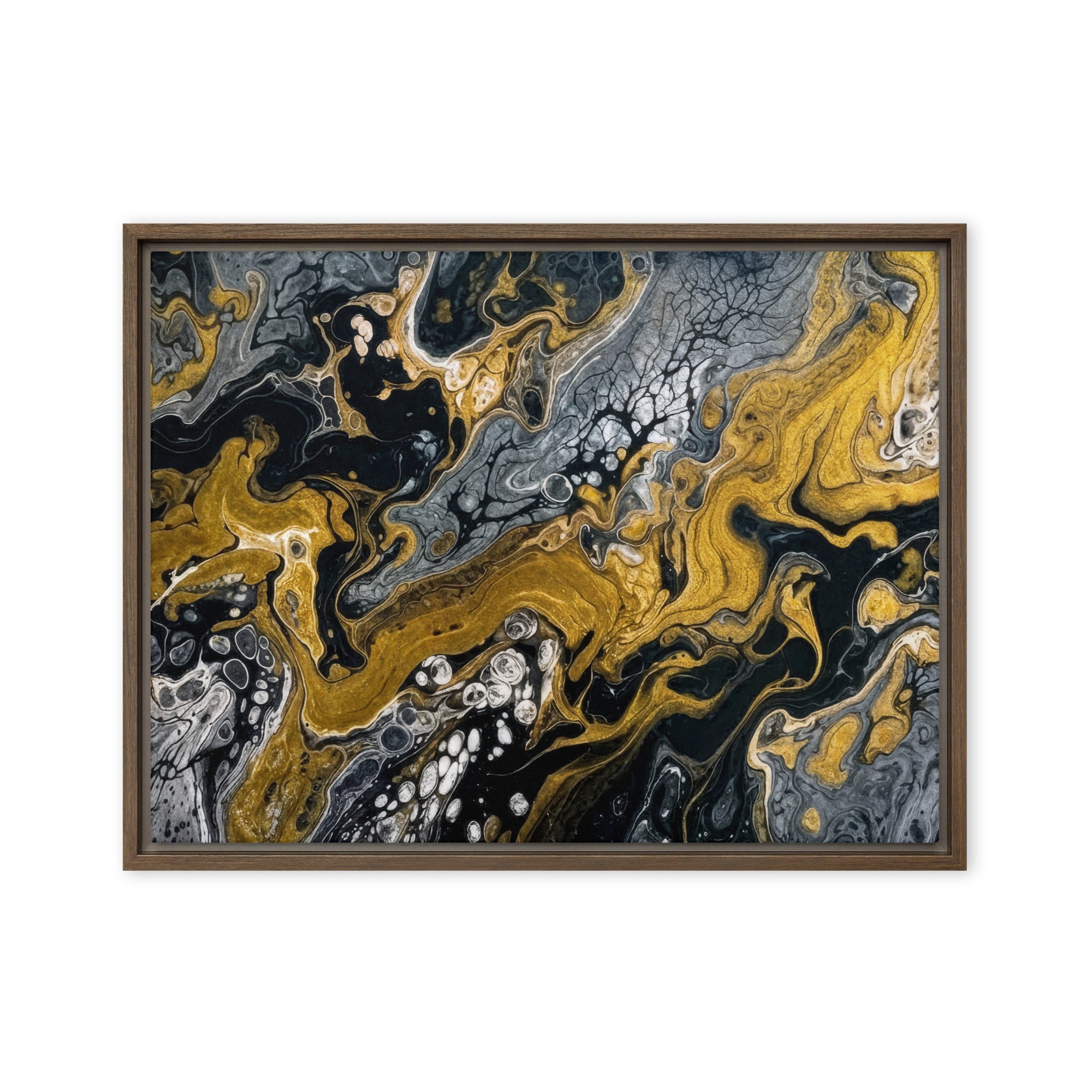 Aurum framed canvas print front-facing product image in white frame, 16 x 16 inch universal size