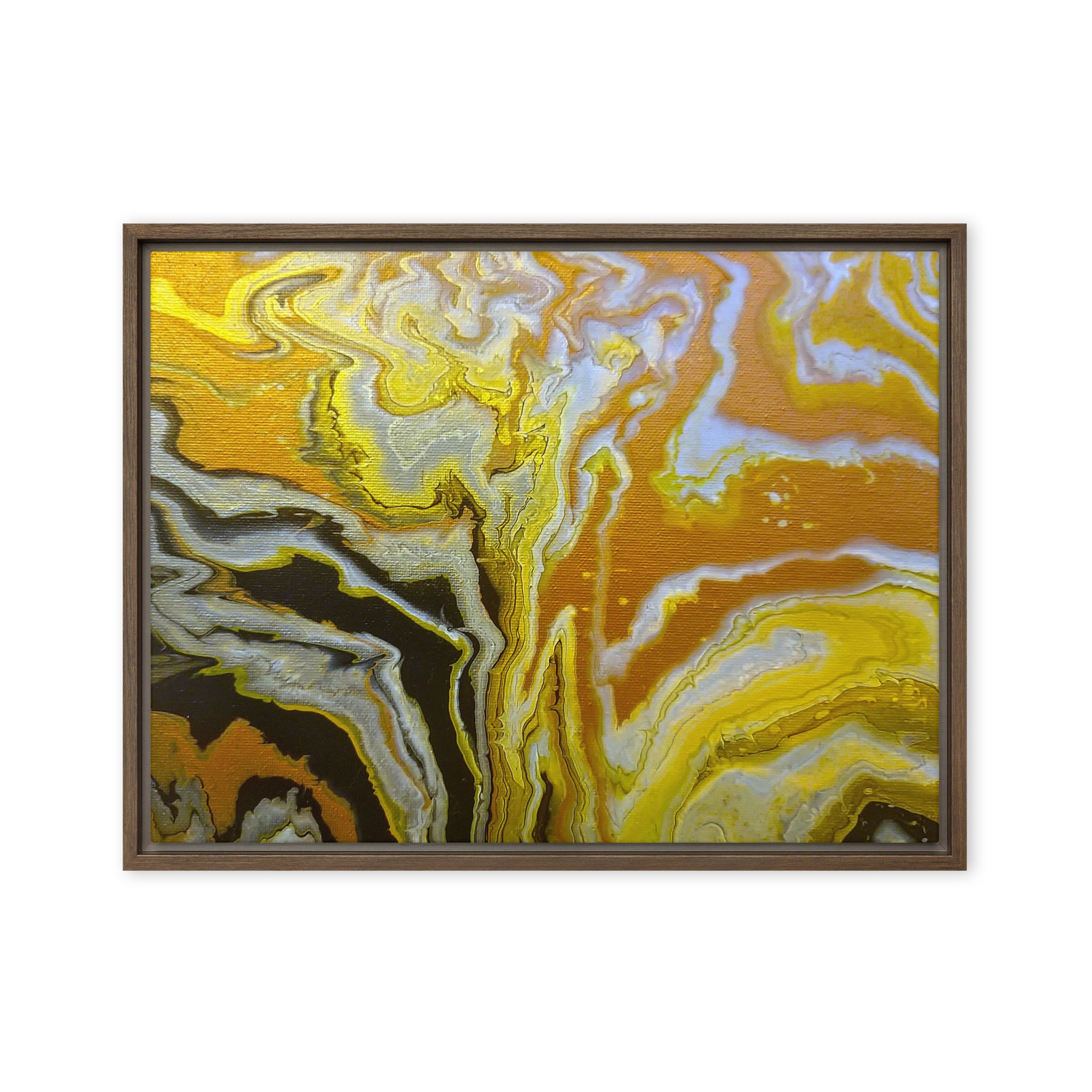 Golden Surge framed canvas print product mockup in white frame, 18 x 24 inch large size