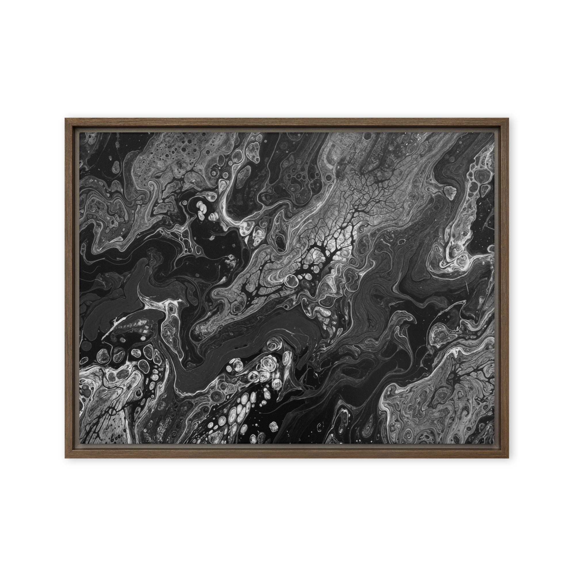 Dark Matter framed canvas print product mockup in white frame, 18 x 24 inch large size