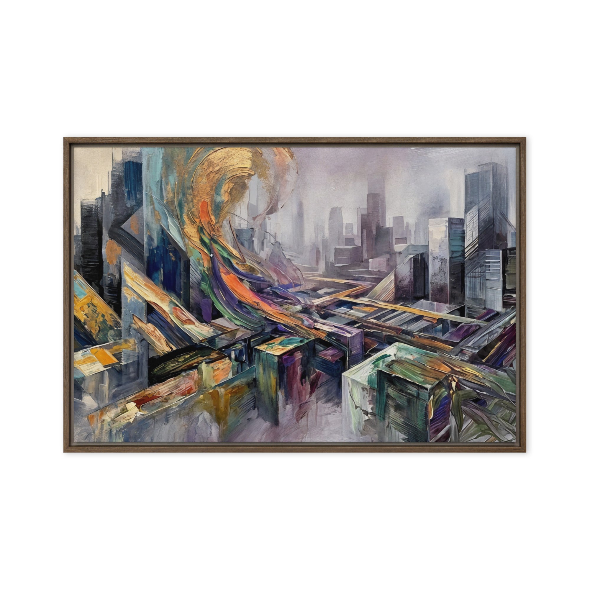 Attitude framed canvas skyline shown in front view in white frame, 20 x 30 inch large size
