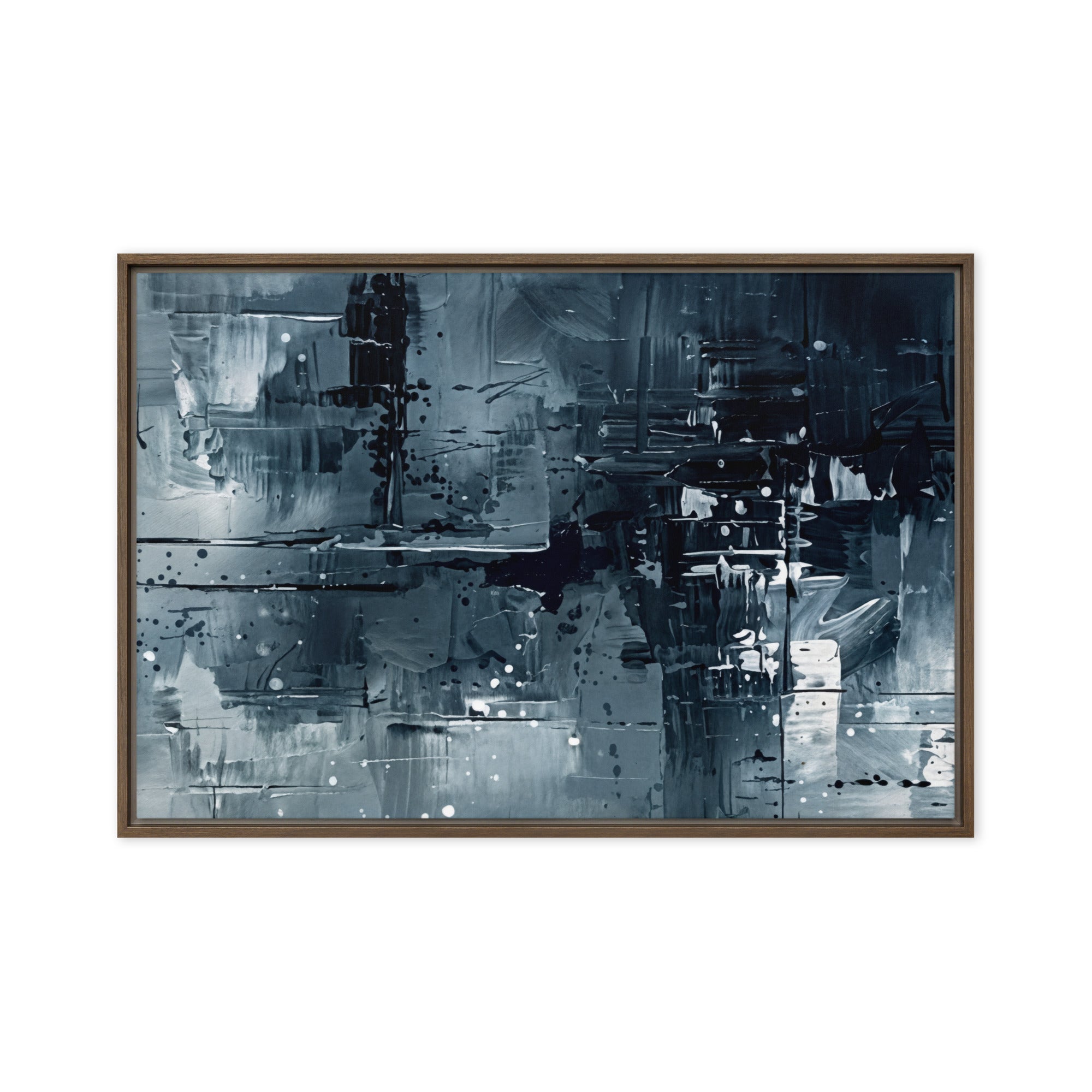 Amidst framed canvas print with product details shown in white frame, 24 x 32 inch large size