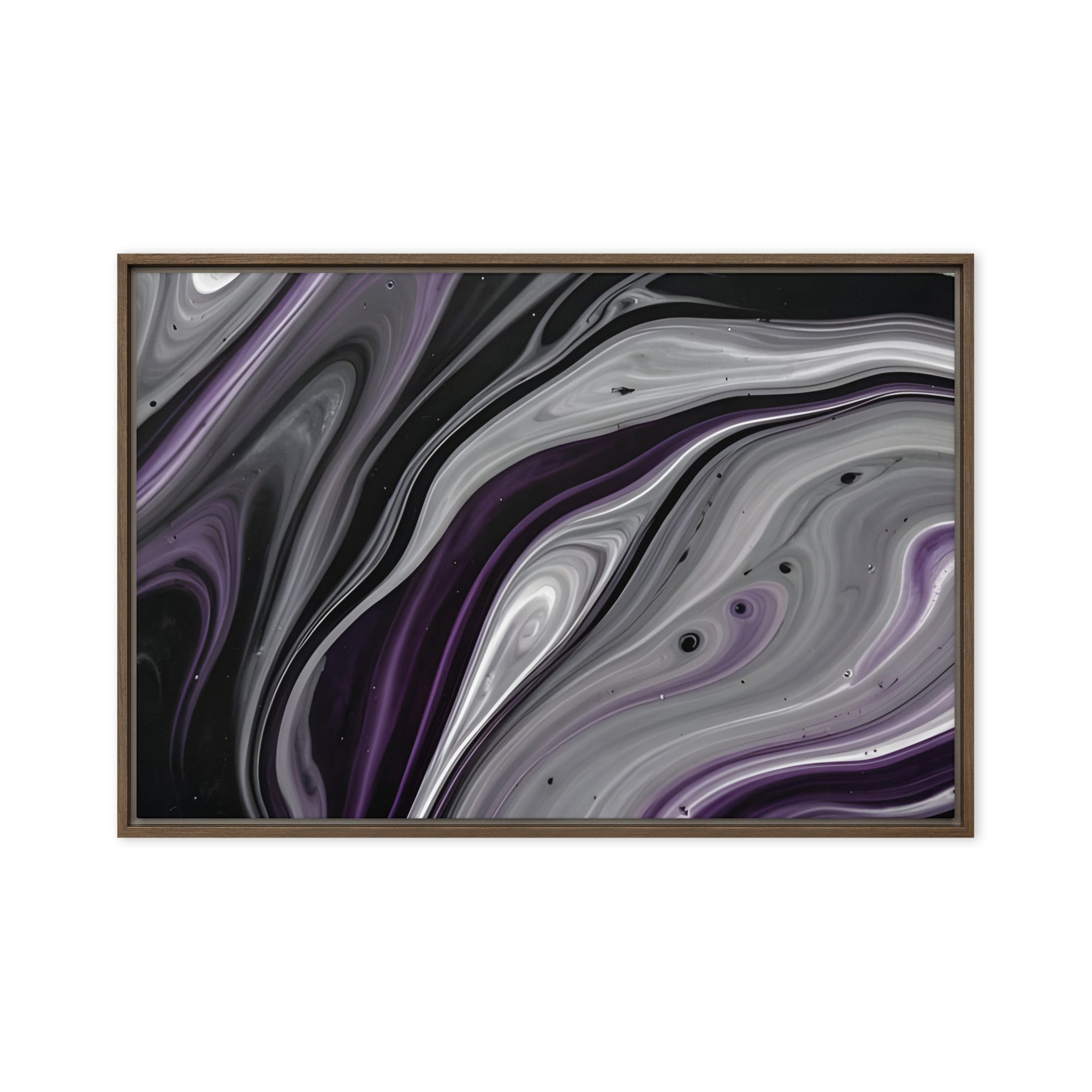 Amethyst Flow framed canvas print with product details shown in white frame, 24 x 32 inch large size