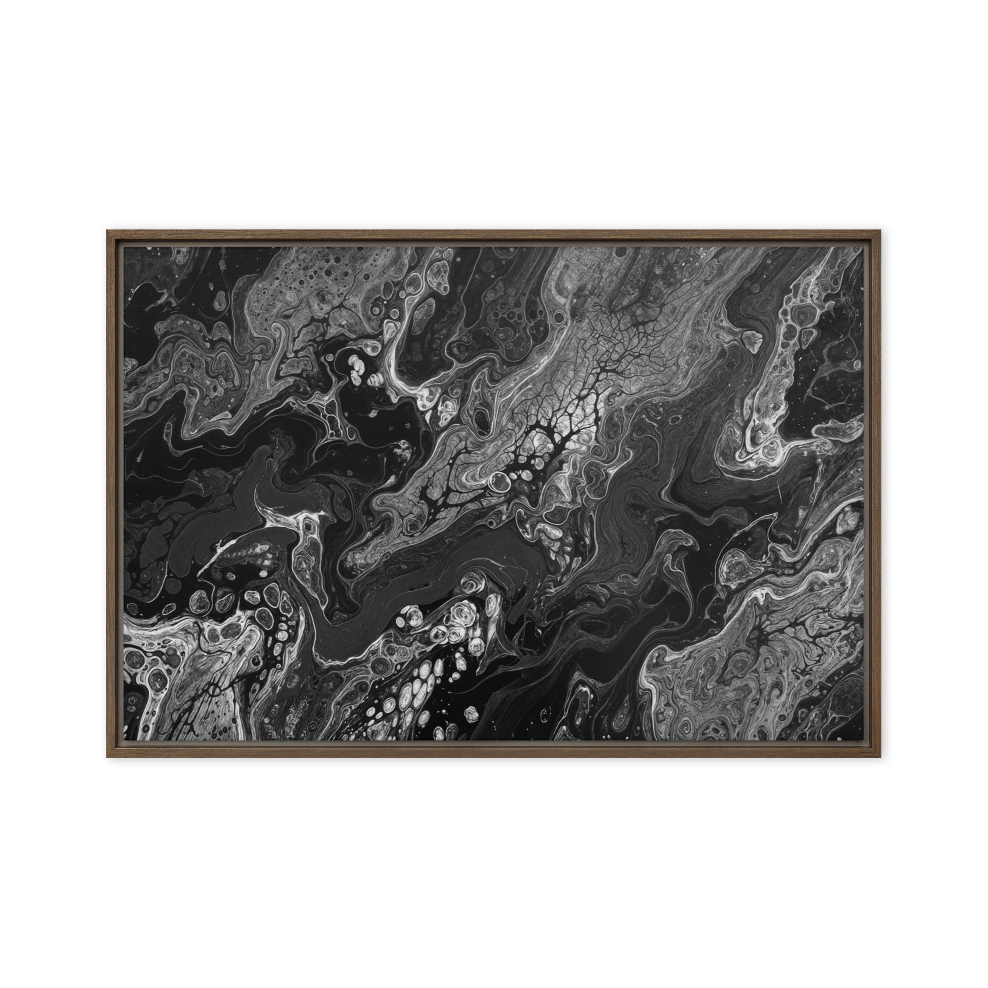 Dark Matter framed canvas print with product details shown in white frame, 24 x 32 inch large size