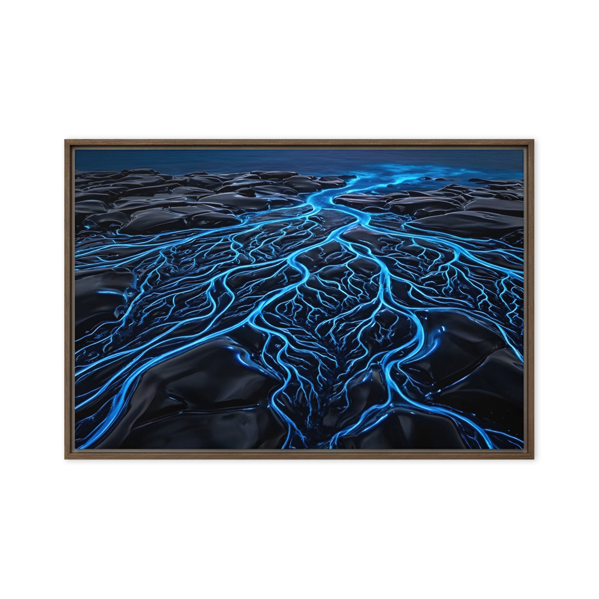 Caldera framed canvas print with product details shown in white frame, 24 x 32 inch large size