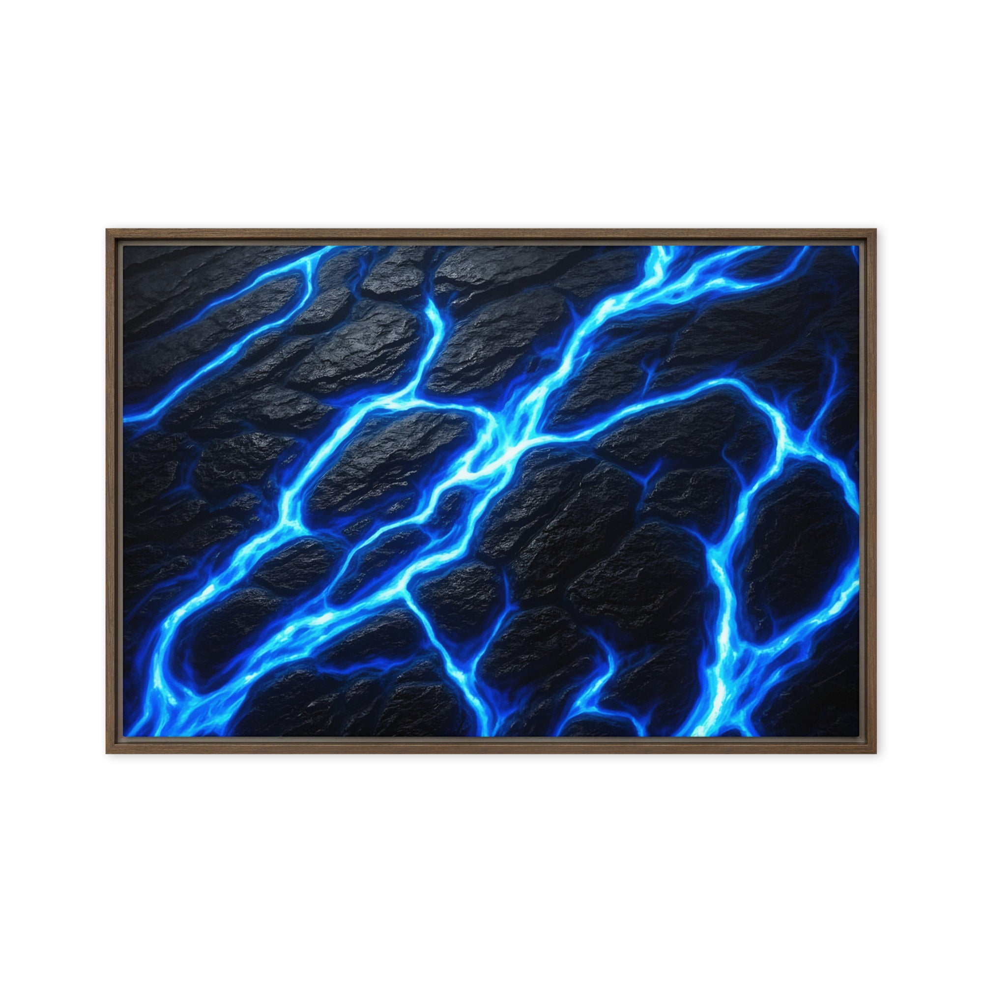 Fissure framed canvas print with product details shown in white frame, 24 x 32 inch large size