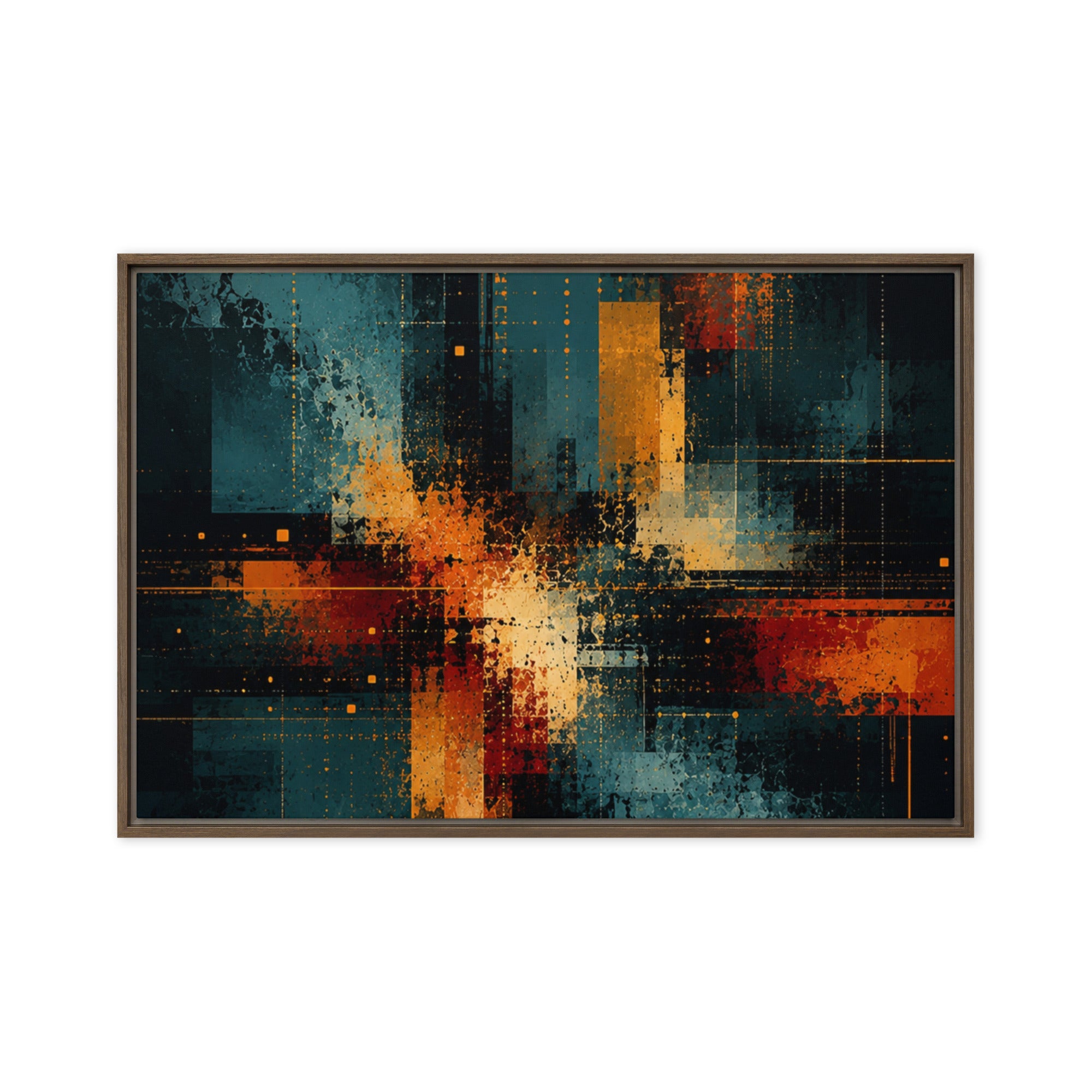 Axion framed canvas print with product details shown in white frame, 24 x 32 inch large size