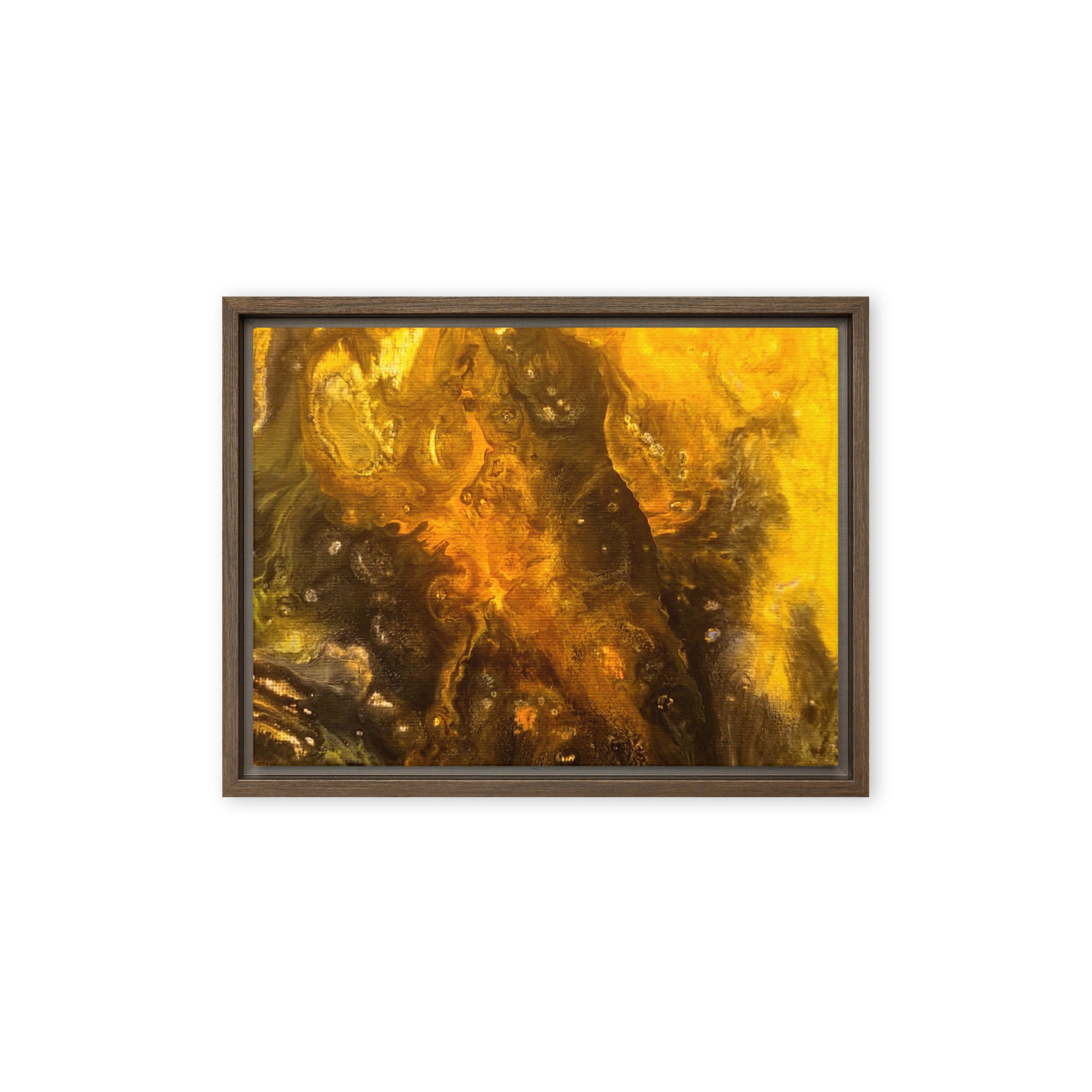 Flame framed canvas print product mockup in black frame, 12 x 16 inch universal size