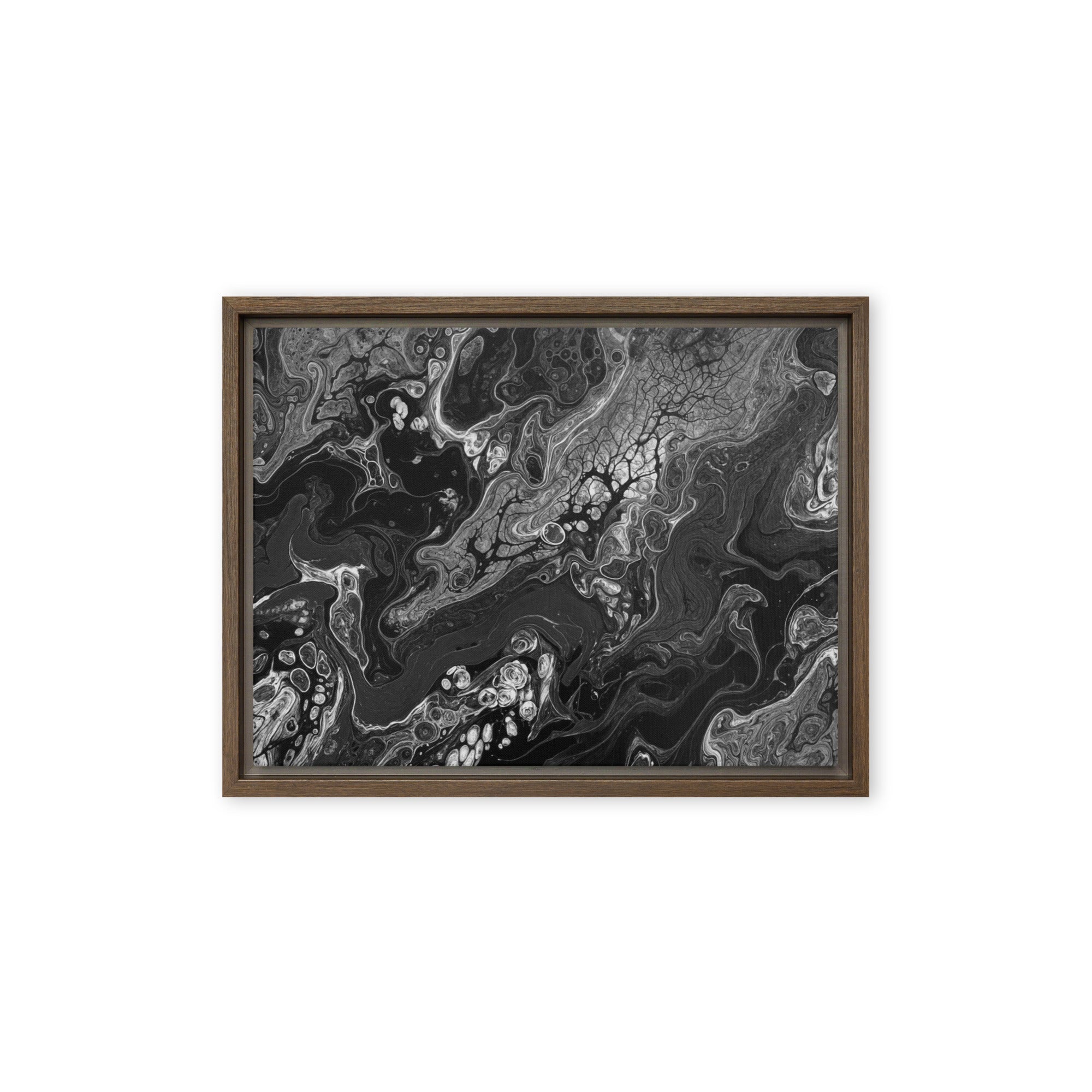 Dark Matter framed canvas print product view in black frame, 12 x 18 inch universal size