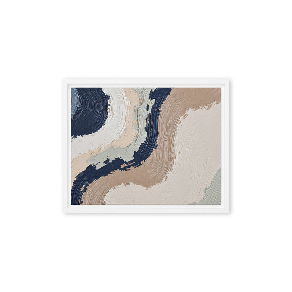 Loess framed canvas artwork with warm ochre, taupe and sandstone-like textures, shown on white.