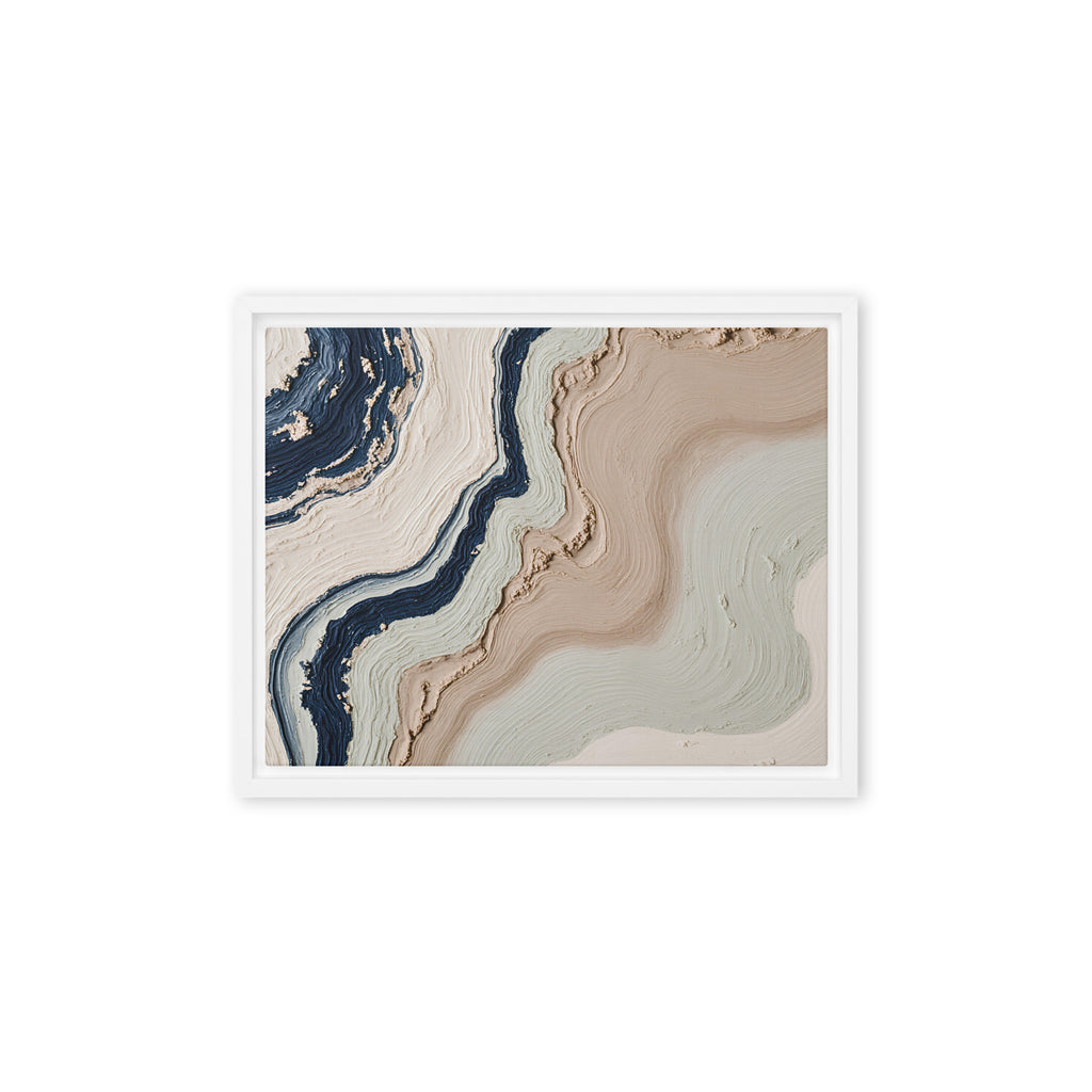 Striata framed canvas artwork with rhythmic bands of mineral color and sediment-like layers, shown on white.