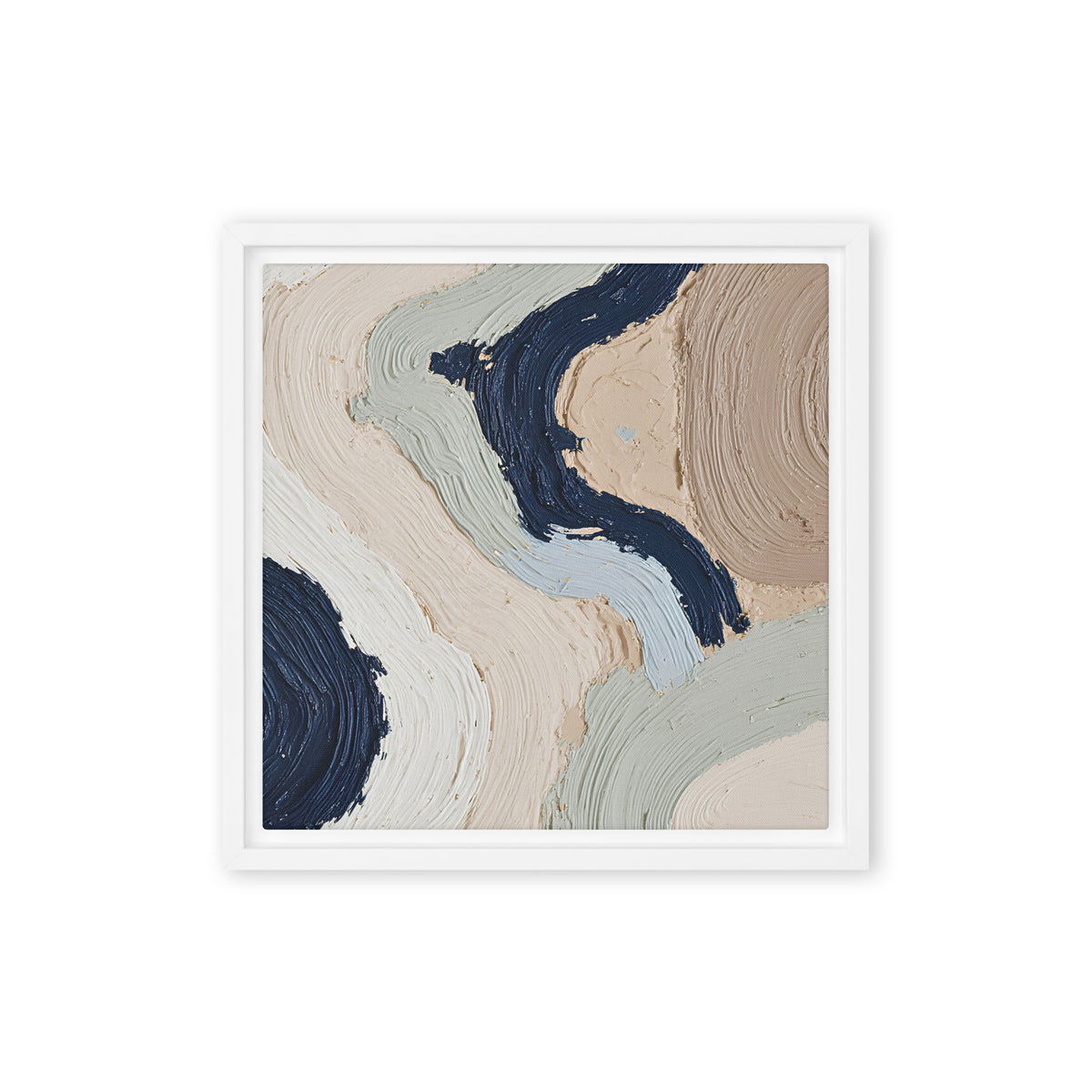 Alluvia framed canvas artwork with layered earth tones and flowing mineral textures, shown on white.