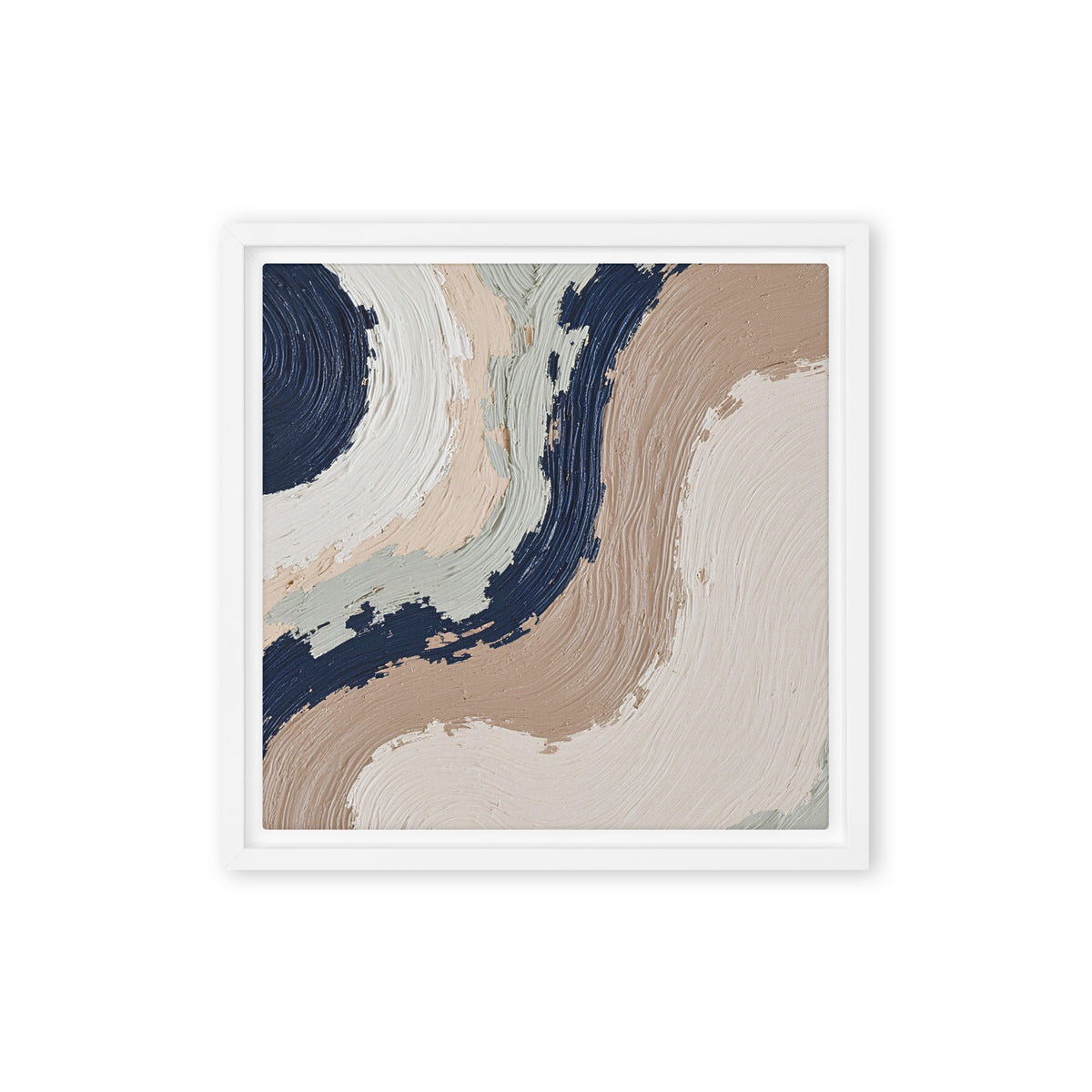 Loess framed canvas artwork with warm ochre, taupe and sandstone-like textures, shown on white.