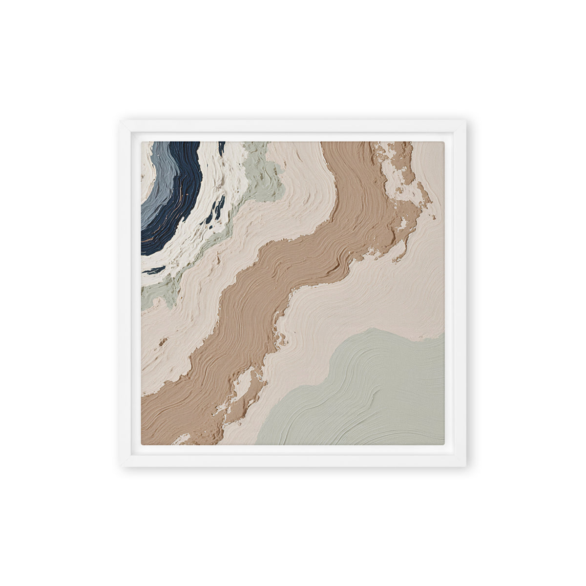 Spall framed canvas artwork with fractured stone-like layers and linear fissures, shown on white.