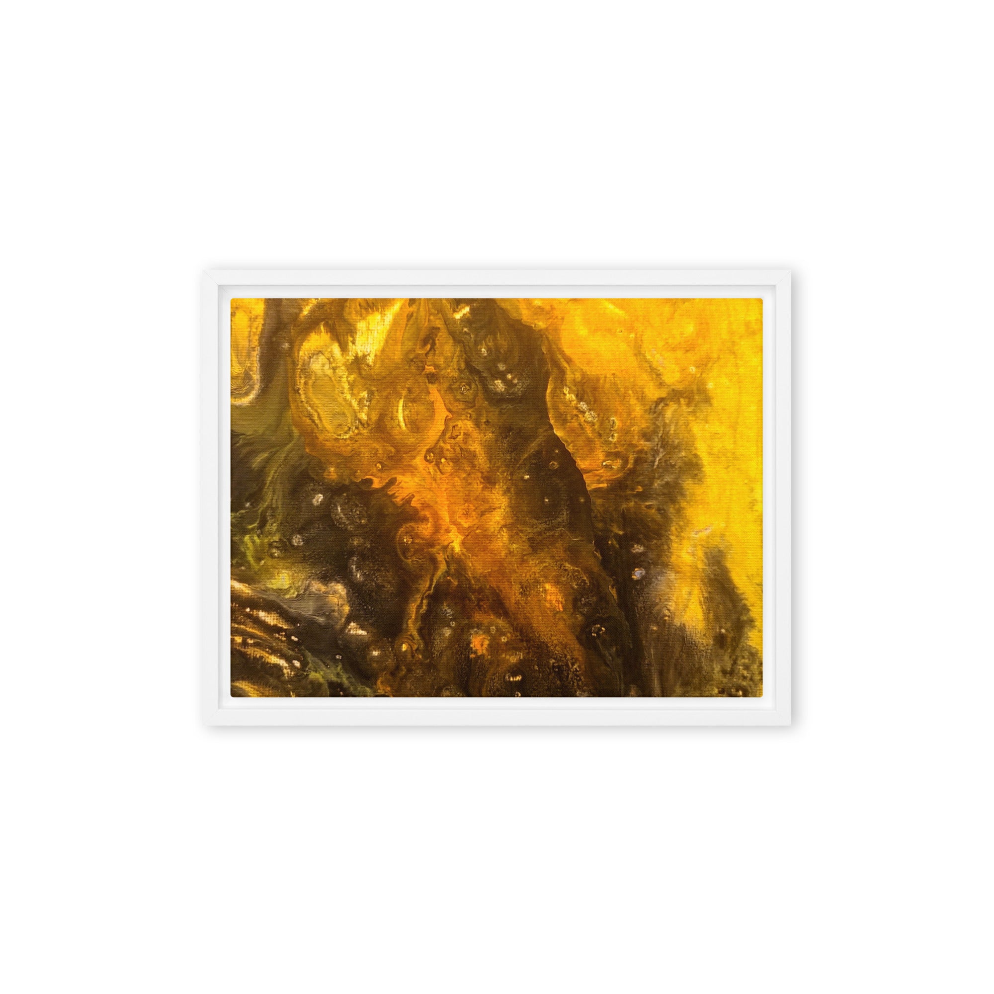 Flame framed canvas print product mockup in brown frame, 9 x 12 inch universal size