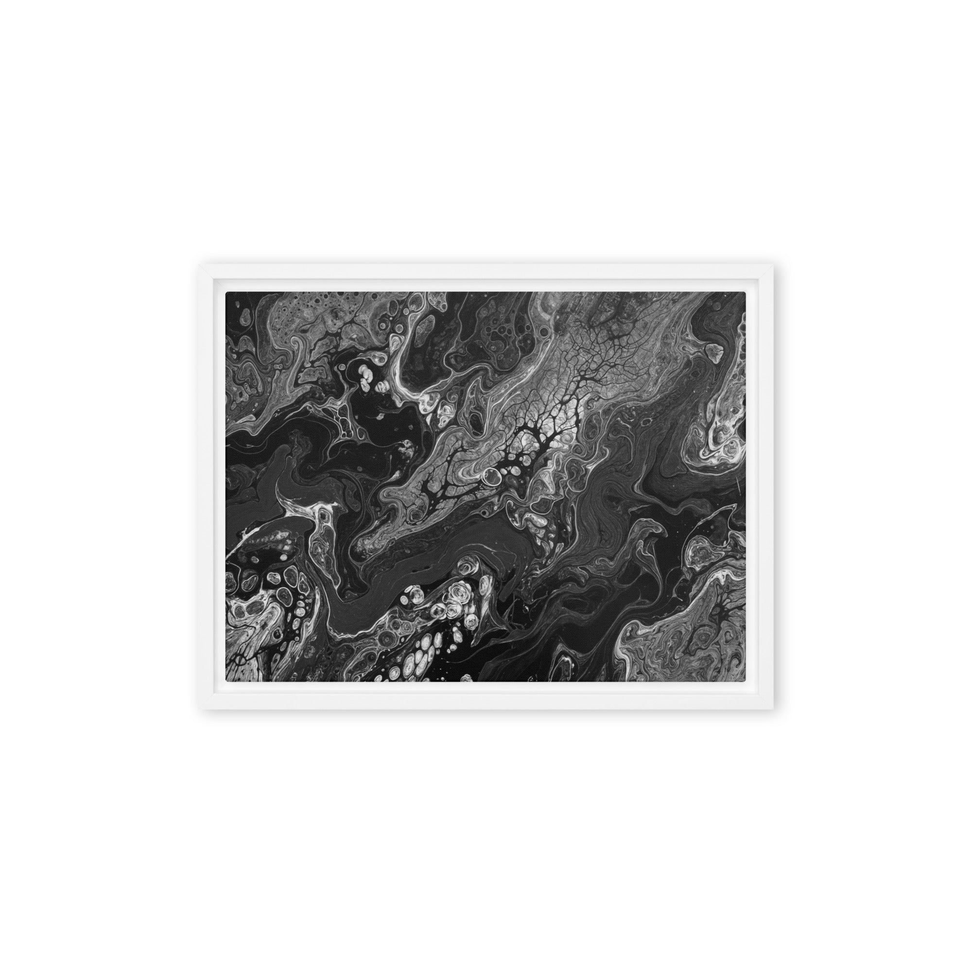 Dark Matter framed canvas print product view in brown frame, 11 x 14 inch universal size