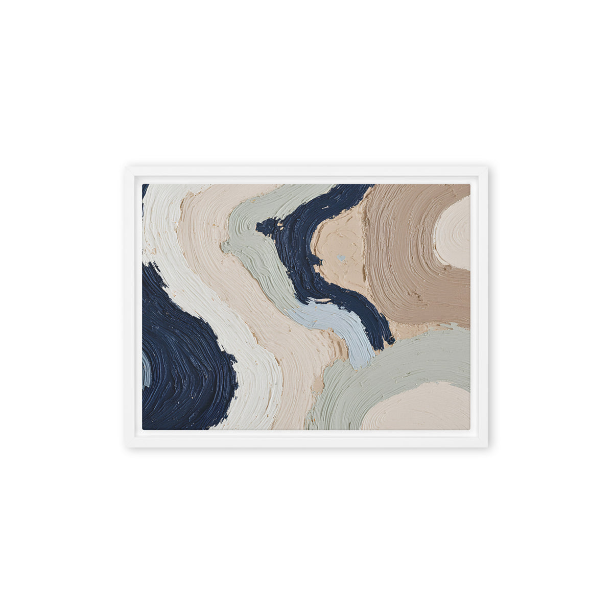 Alluvia framed canvas artwork with layered earth tones and flowing mineral textures, shown on white.