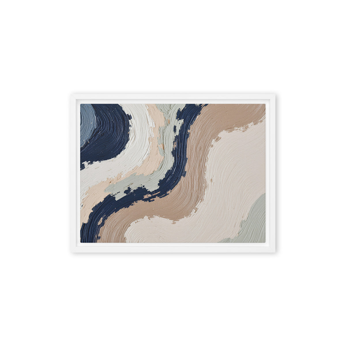 Loess framed canvas artwork with warm ochre, taupe and sandstone-like textures, shown on white.