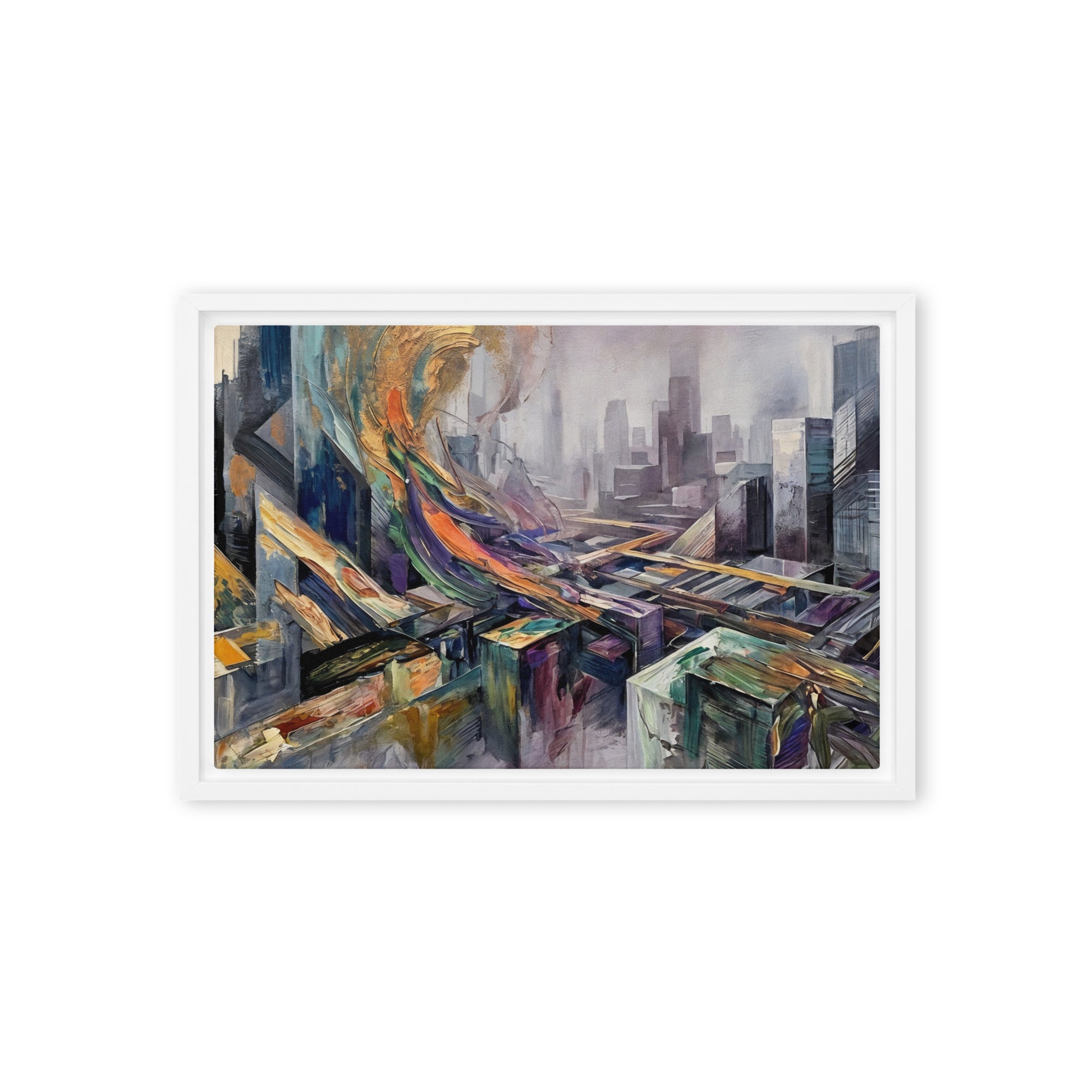 Attitude framed canvas skyline front-facing product image in black frame, 20 x 30 inch large size