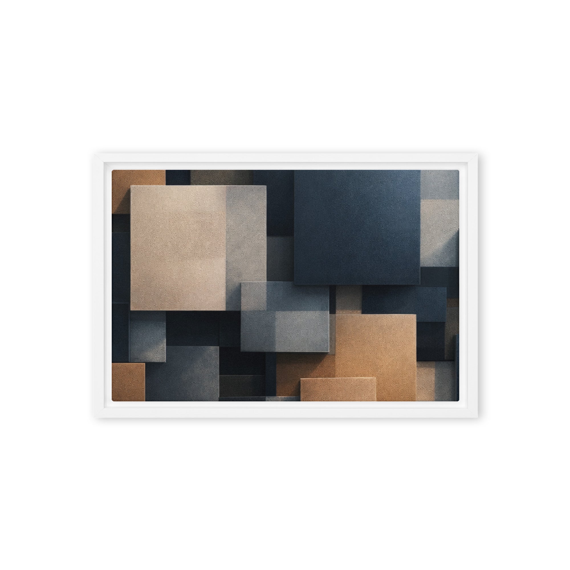 Monolith framed canvas print with product details shown in brown frame, 12 x 16 inch universal size