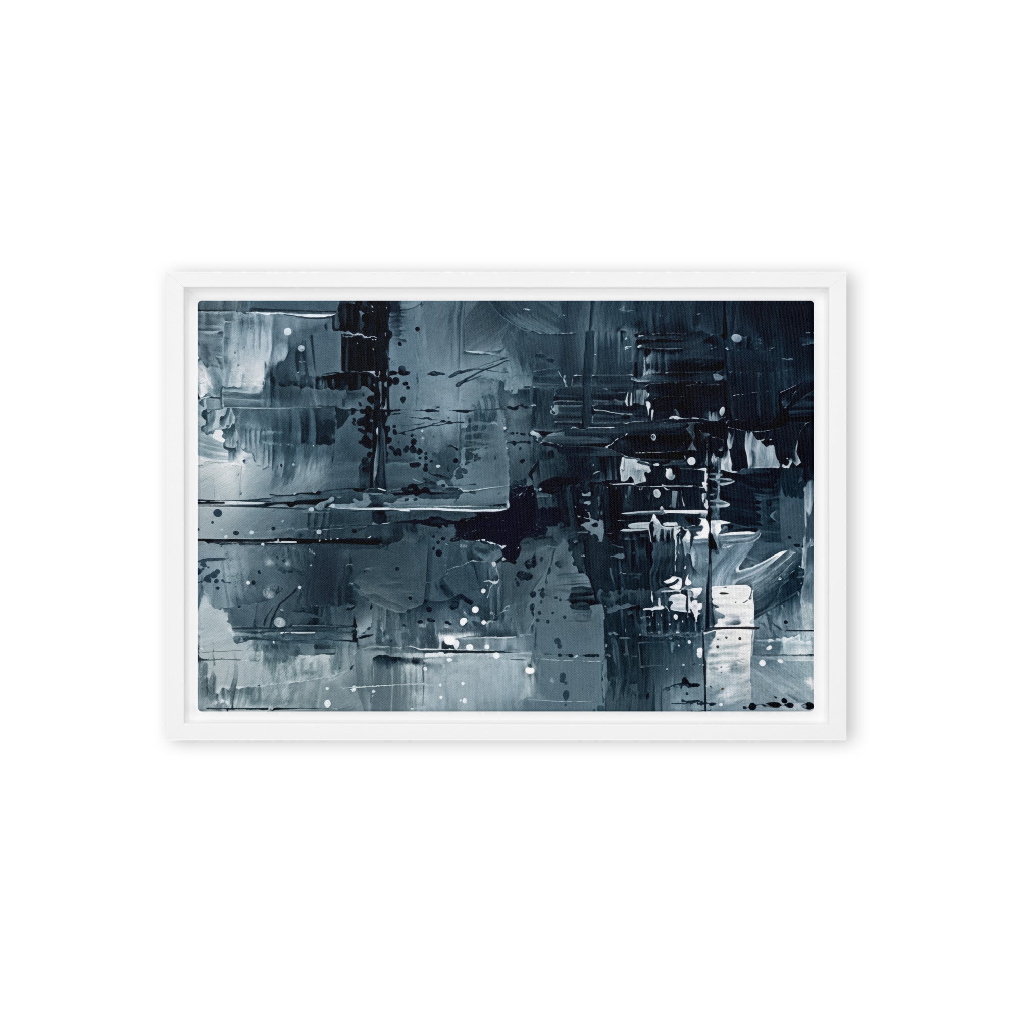 Amidst framed canvas print with product details shown in brown frame, 12 x 16 inch universal size