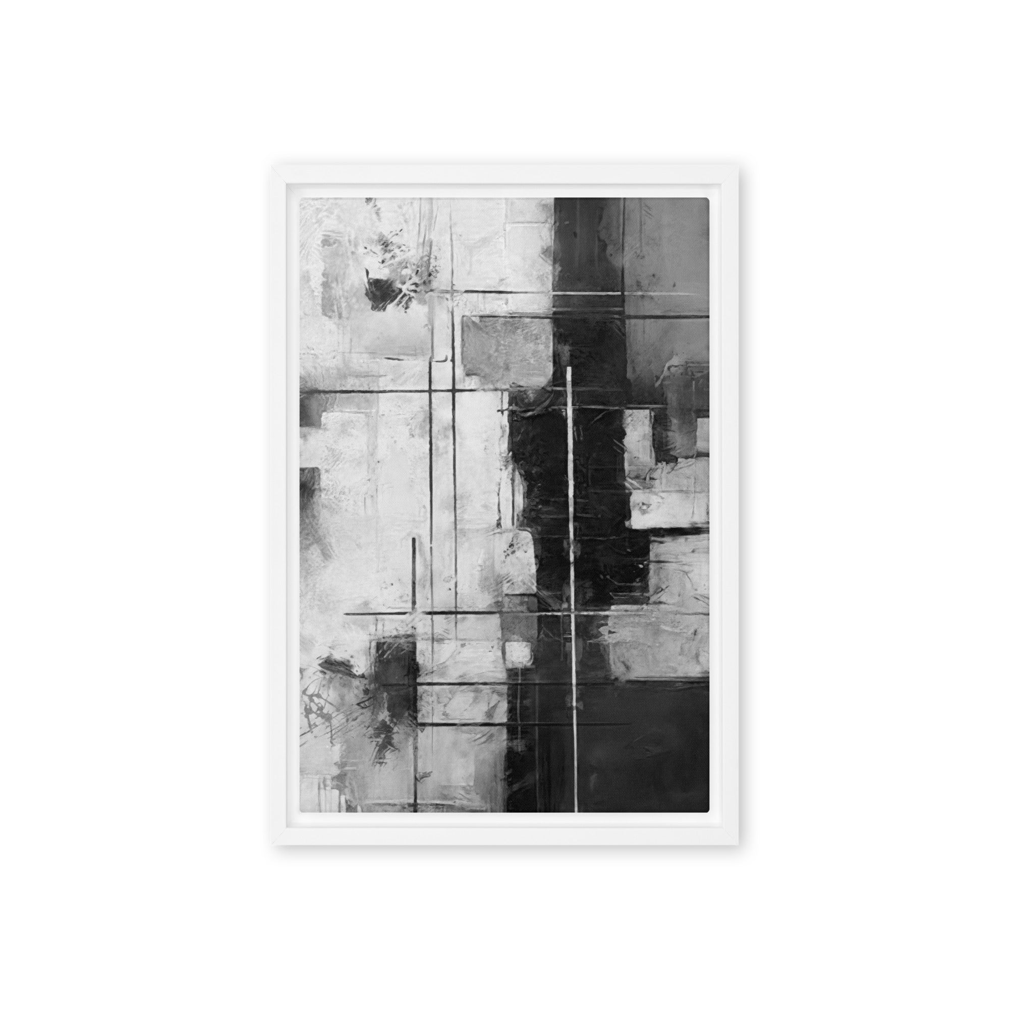 Beware framed canvas urban product mockup in white frame, 24 x 36 inch statement piece